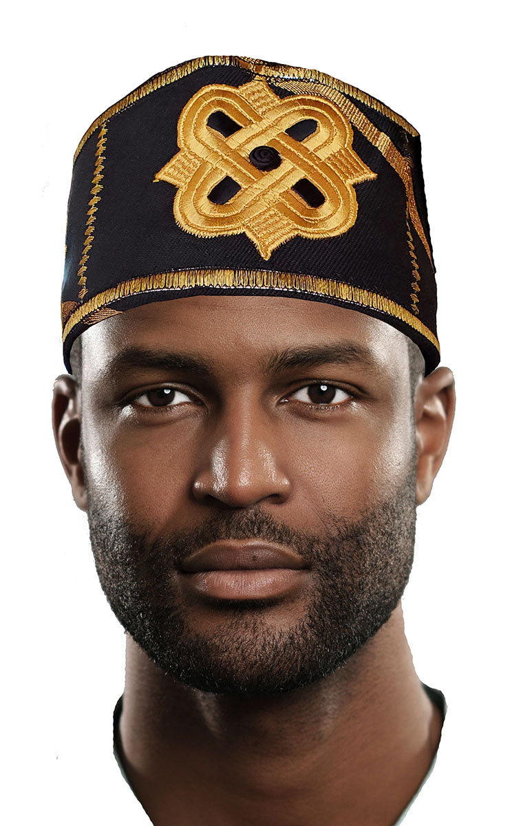 Black and Gold Embroidered African Hand woven Aso Oke Hat、mySite、solidvoid