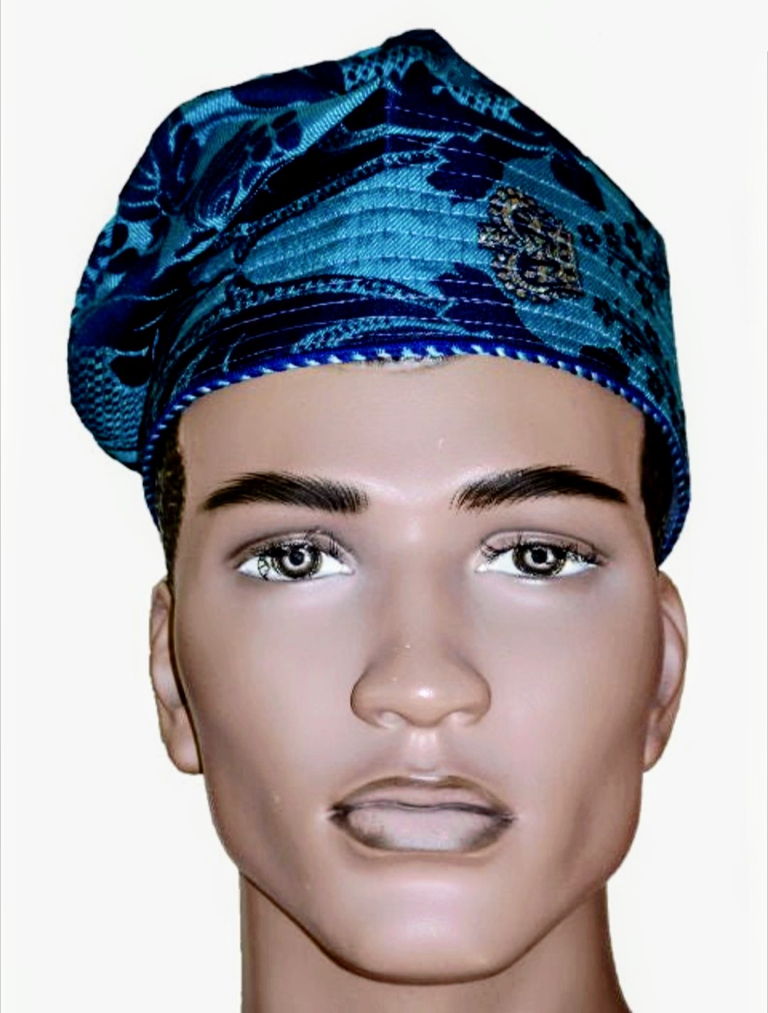 Dupsie's Elegant Gelede Teal-Blue and Navy-Blue African Damask Kufi Cap Fila Hat DPH265、mySite、solidvoid