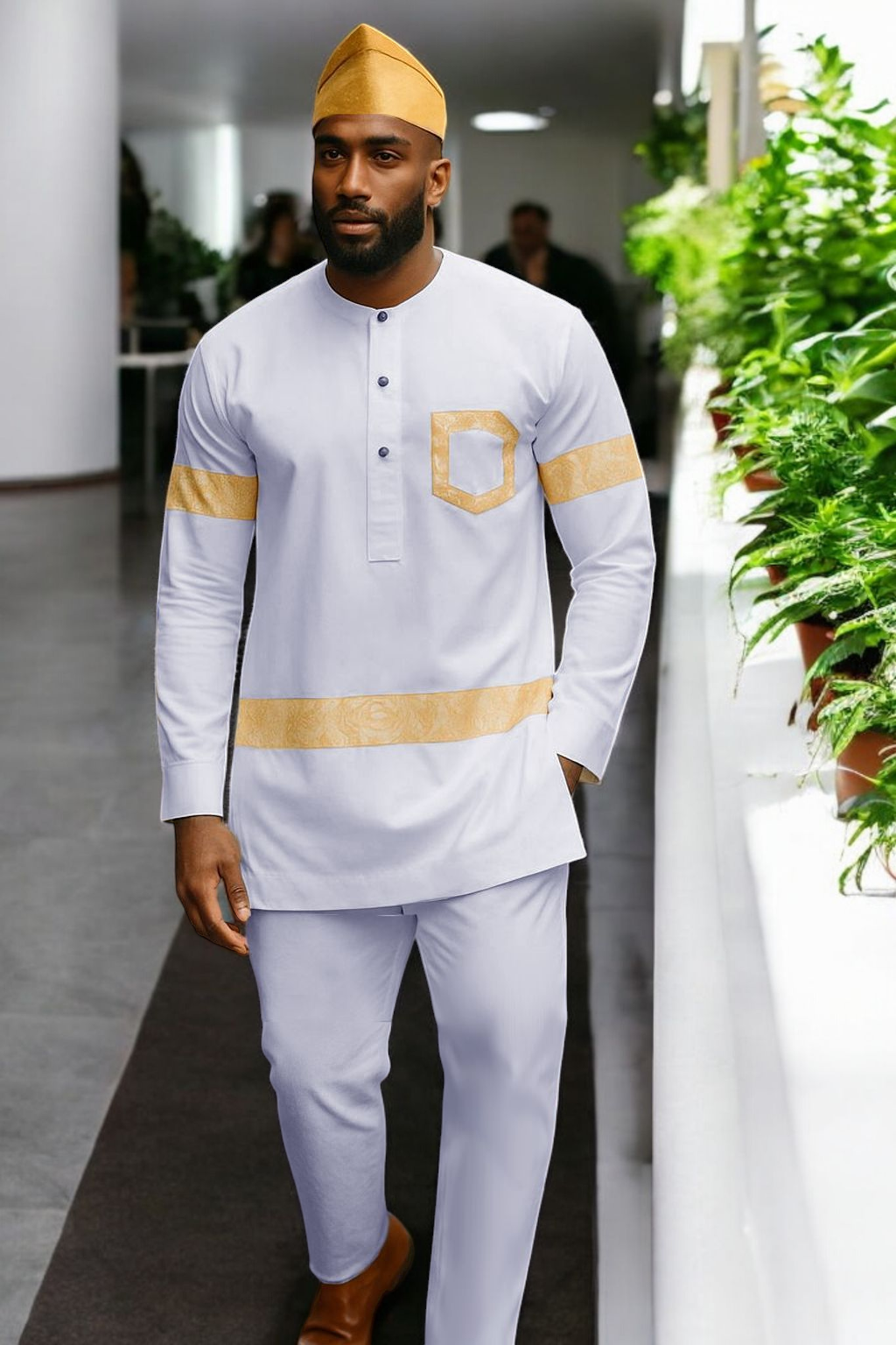 Dupsie's Obiora White African Senator Dashiki Shirt Suit trimmed with Gold Damask with matching pants DPASWGD5、mySite、solidvoid