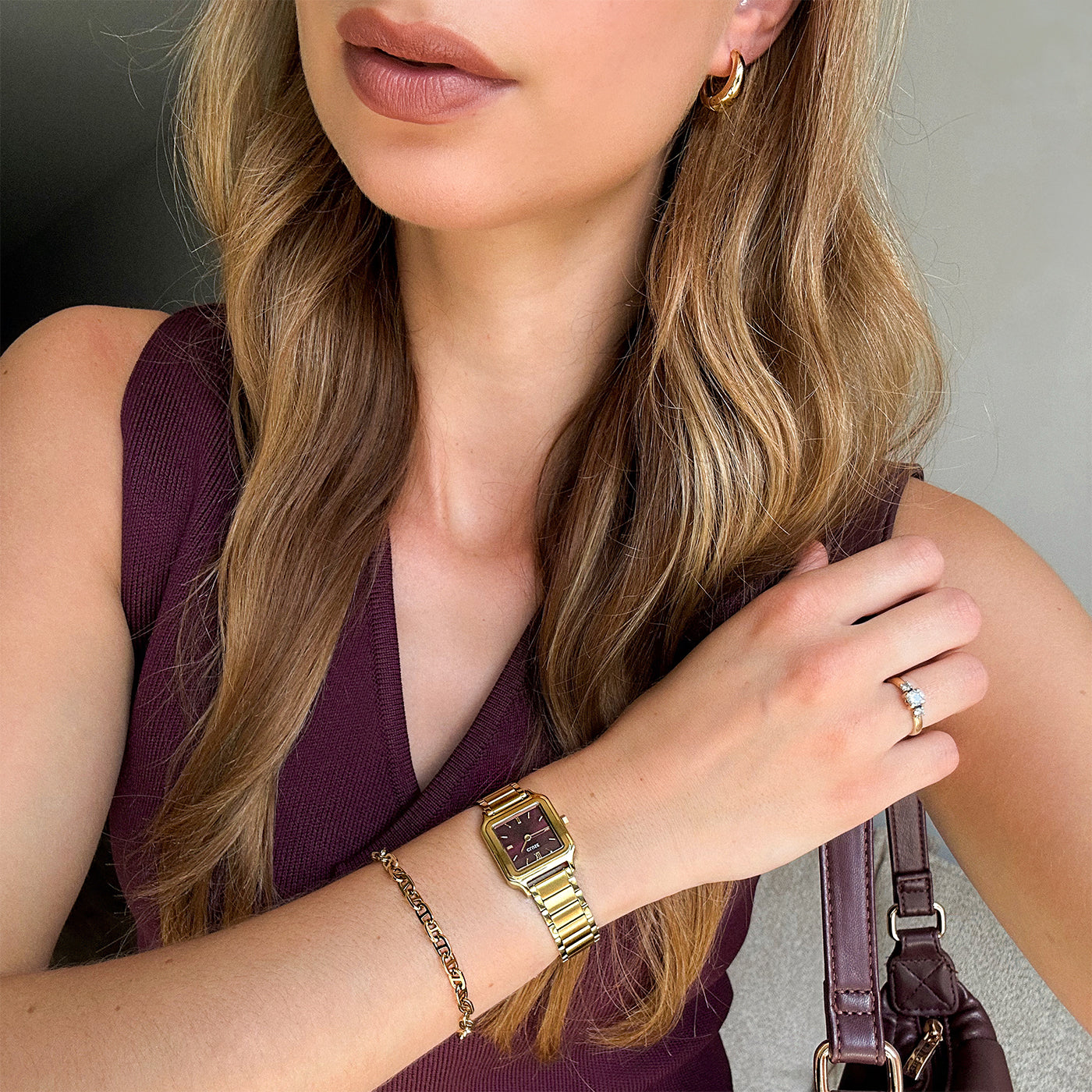  Gracieuse Petite Watch Steel, Dark Cherry, Gold Colour