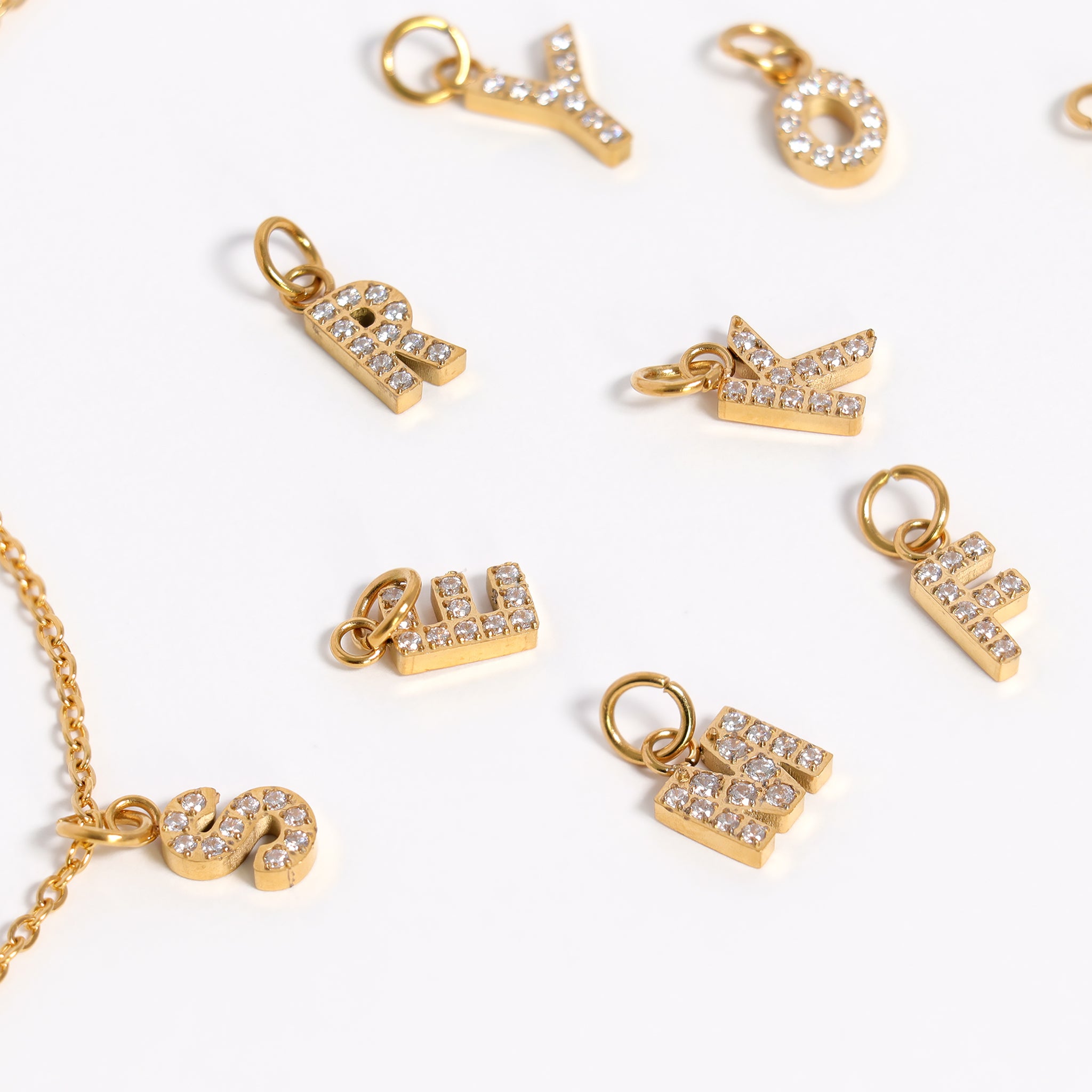18K Gold PVD Stainless Steel Pave Set CZ Initial Letter Charms / PDC9021、mySite、dreamappss