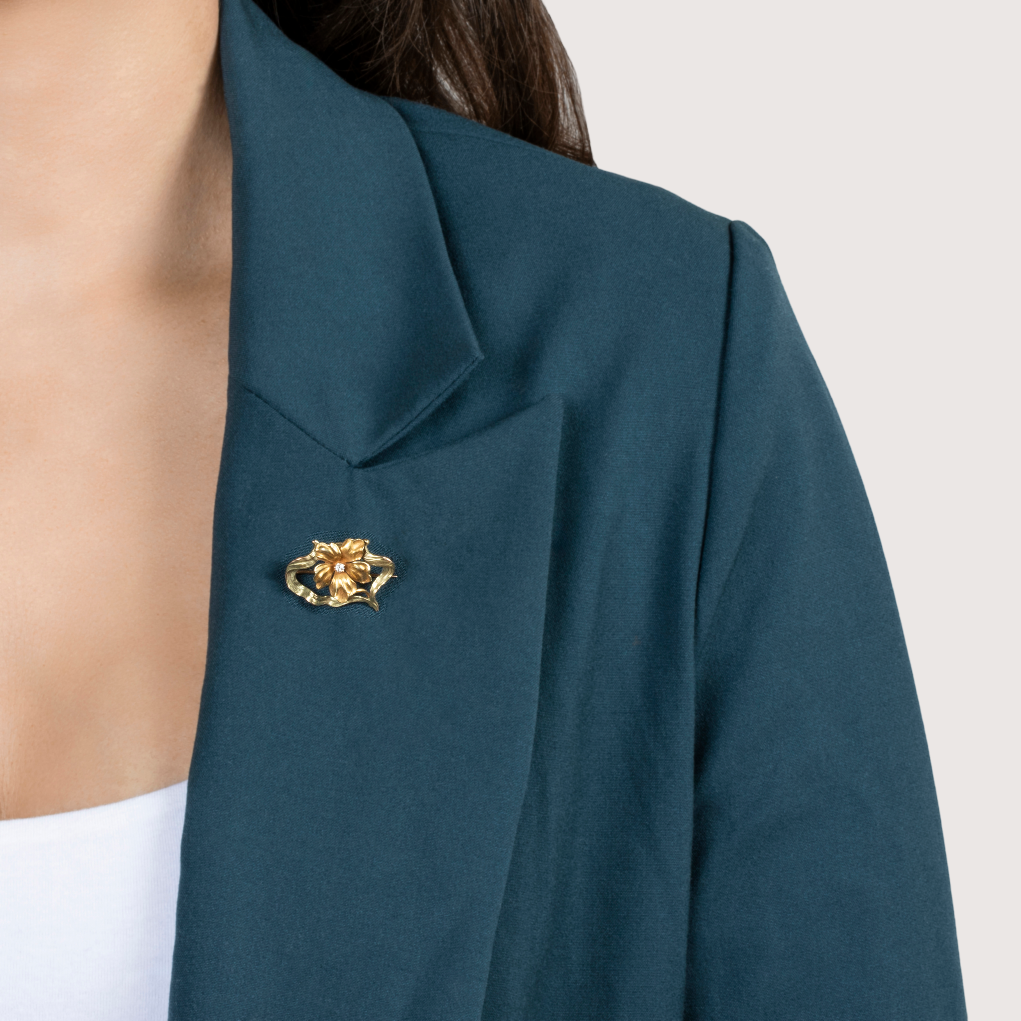 Antique Art Nouveau 14k Yellow Gold Old Mine Diamond Flowing Flower Pin、mySite、hinf8tx79