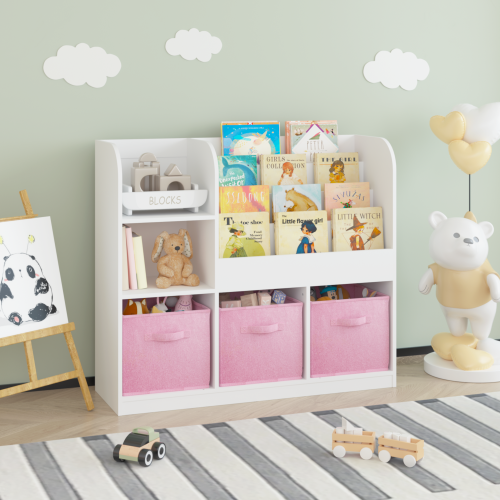 Kids Bookcase and Bookshelf, Multifunctional Bookcase with 3 Collapsible Fabric Drawers, Bookcase Display Stand, Toy Storage Organizer for Bedroom, Playroom, Hallway (White/Pink)、、casual
