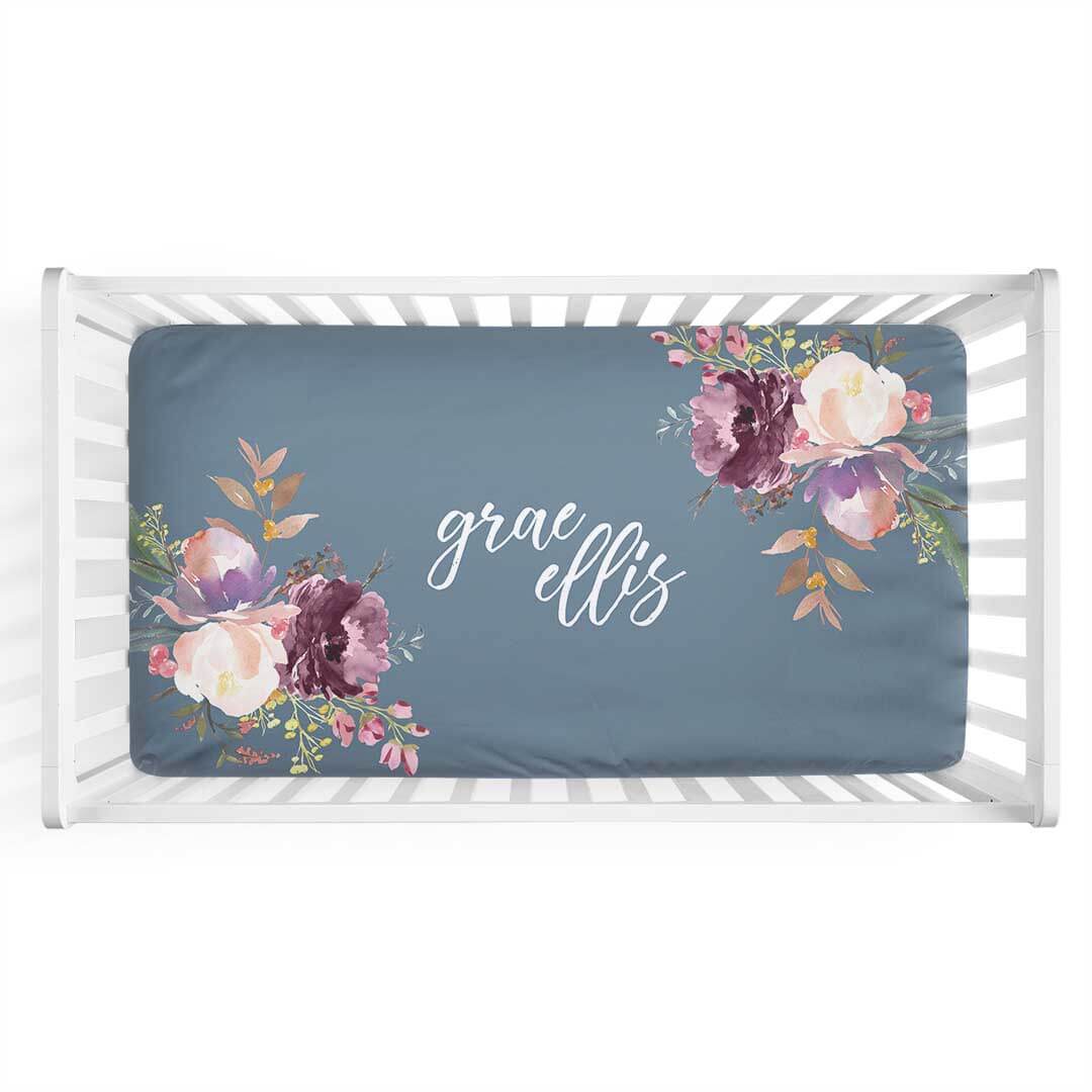  Grae's Dusty Blue Floral Personalized Crib Sheet、mySite、layawaytickets