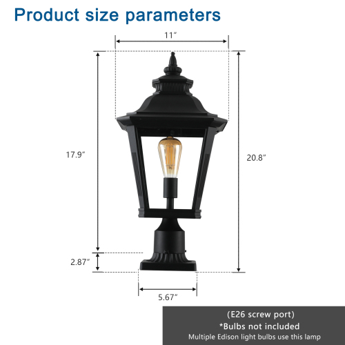 21"(H) 2-Pack Outdoor Post Lantern Light – Vintage Black Metal & Clear Glass Pillar Lamp for Garden, Gate, Driveway, and Pathway Lighting with Elegant Design (Bulb Not Included)、、eastwooduniform