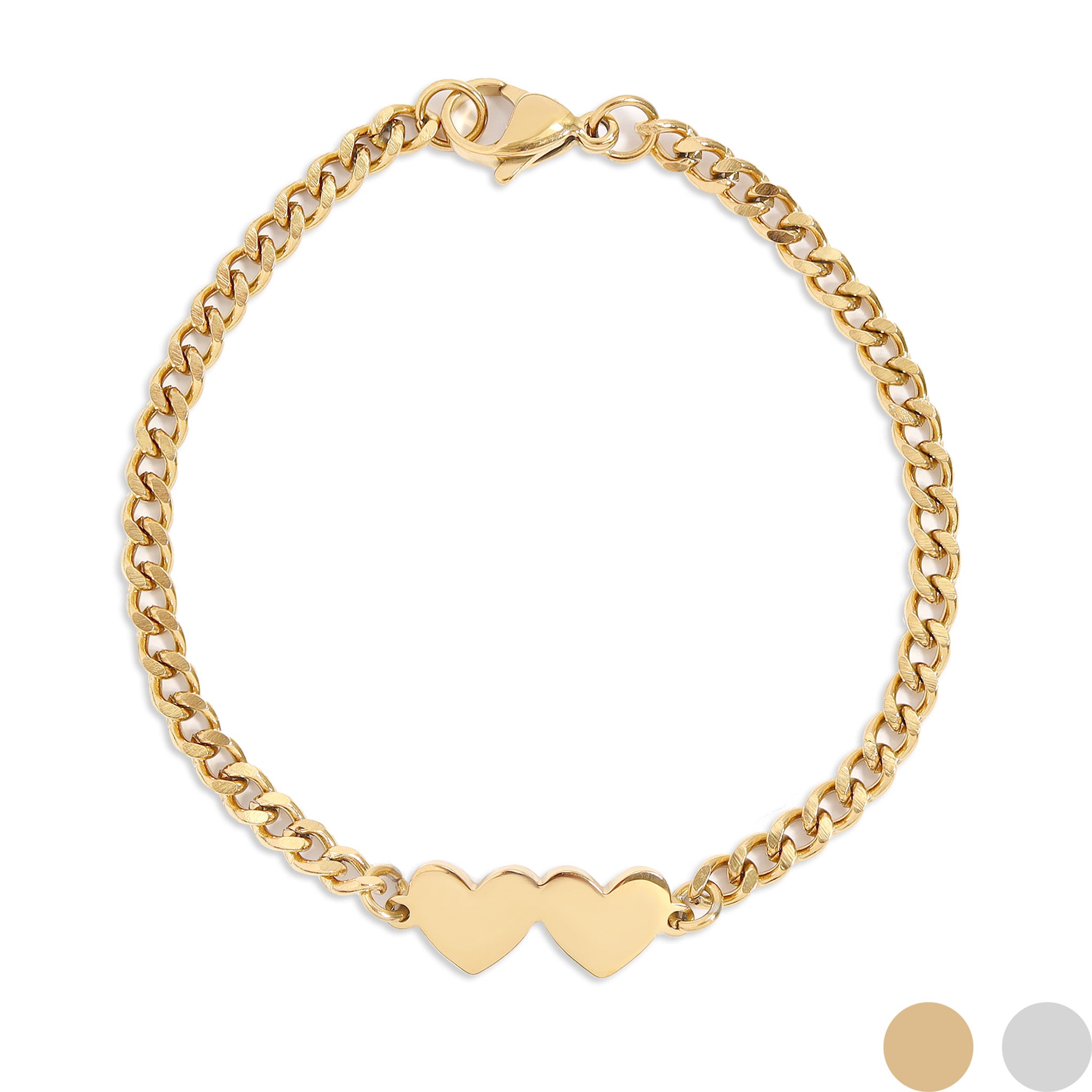 18K Gold PVD Stainless Steel Engravable 2 Hearts on Curb Chain Bracelet / SBB0366、mySite、dreamappss