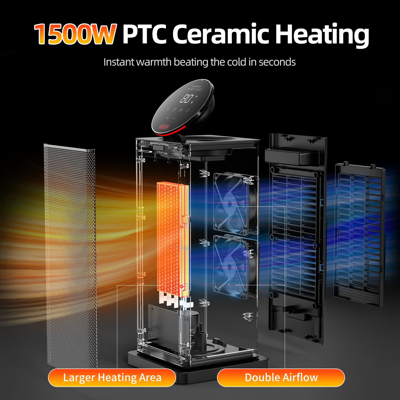 Kloudi 1500W PTC Ceramic Space Heater with LED Display and Remote Control Black、mySite、fannypackpong