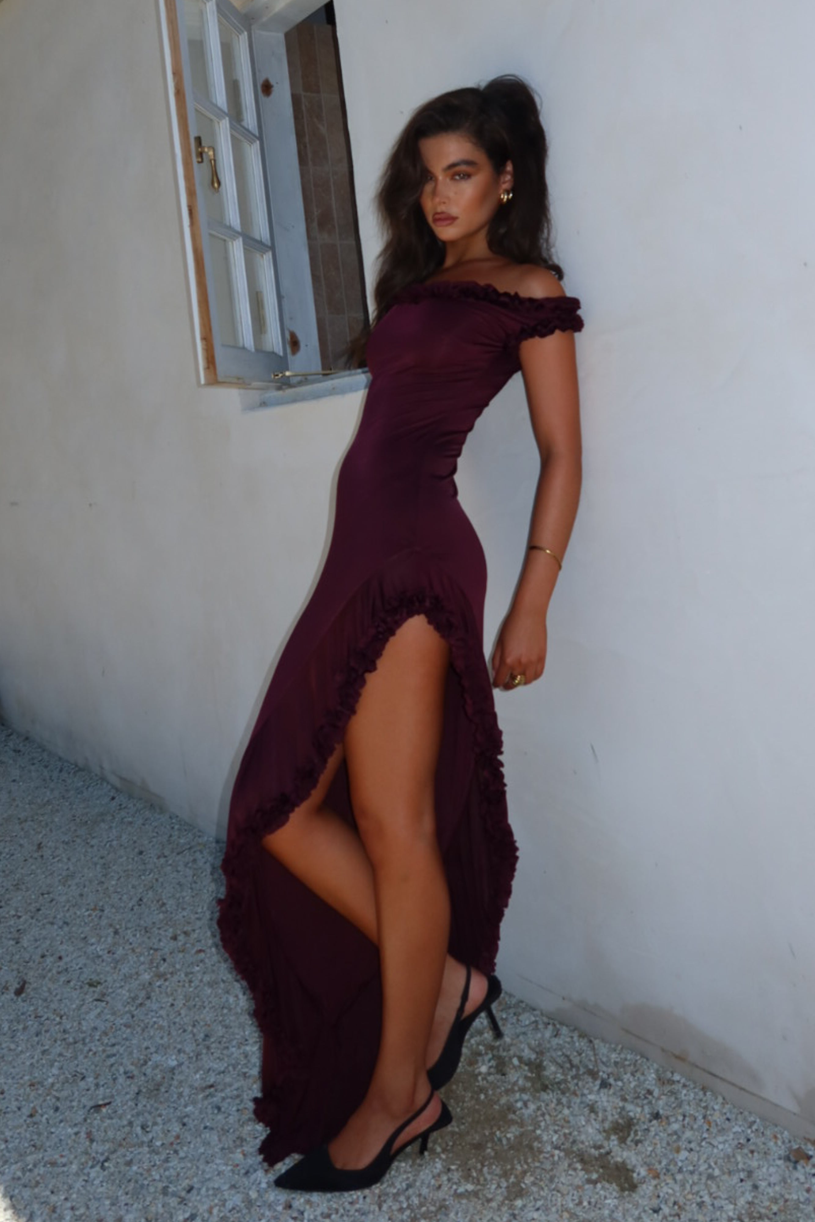 Arielle Off Shoulder Ruffle Midi Dress - Plum、mySite、solidvoid