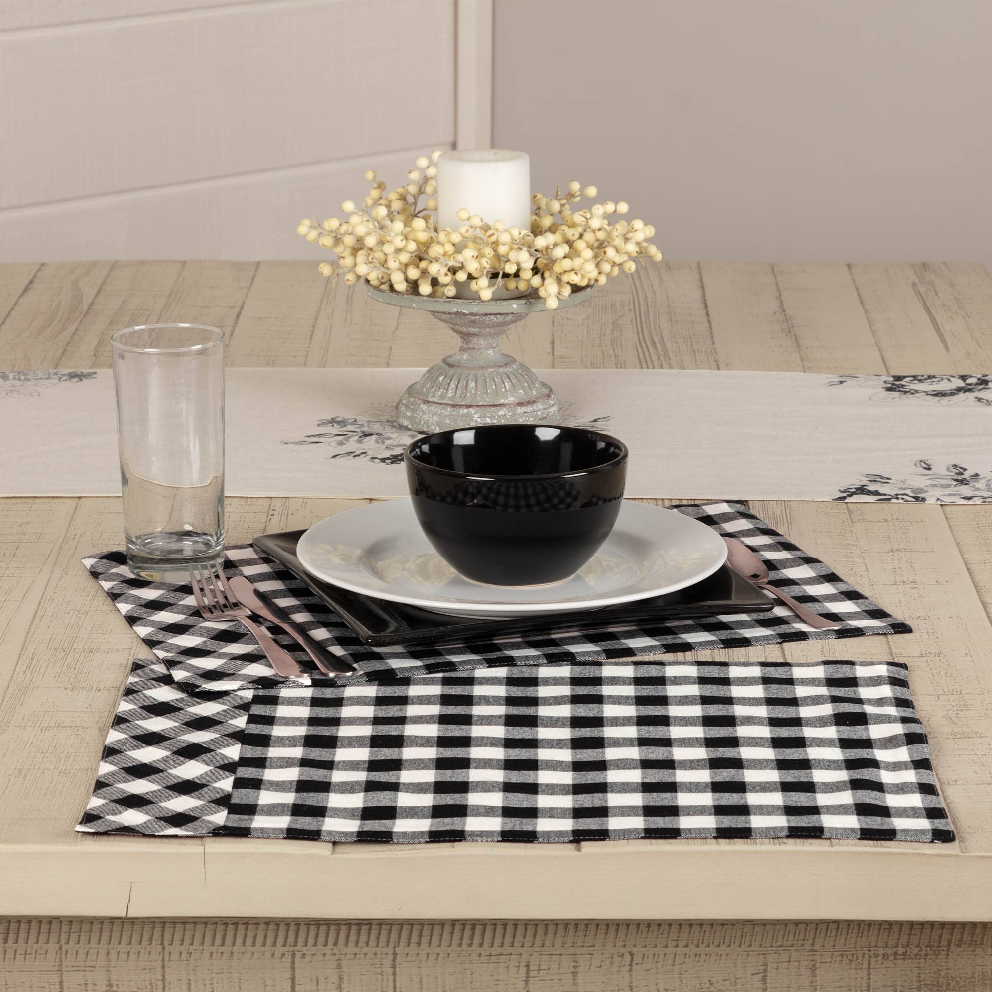 Vintage Check Black Placemat Set of 4 18Lx12W、mySite、g9winljtr