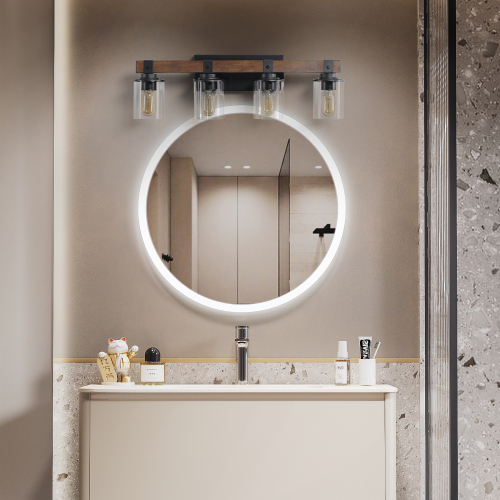 (Same as W1340119957/L1016) 27" Rustic 4-Light Vanity Light, Industrial Bathroom Wall Sconce with Glass Shades and Wood Accent, Modern Farmhouse Lighting Fixture (No Bulbs)、、eastwooduniform