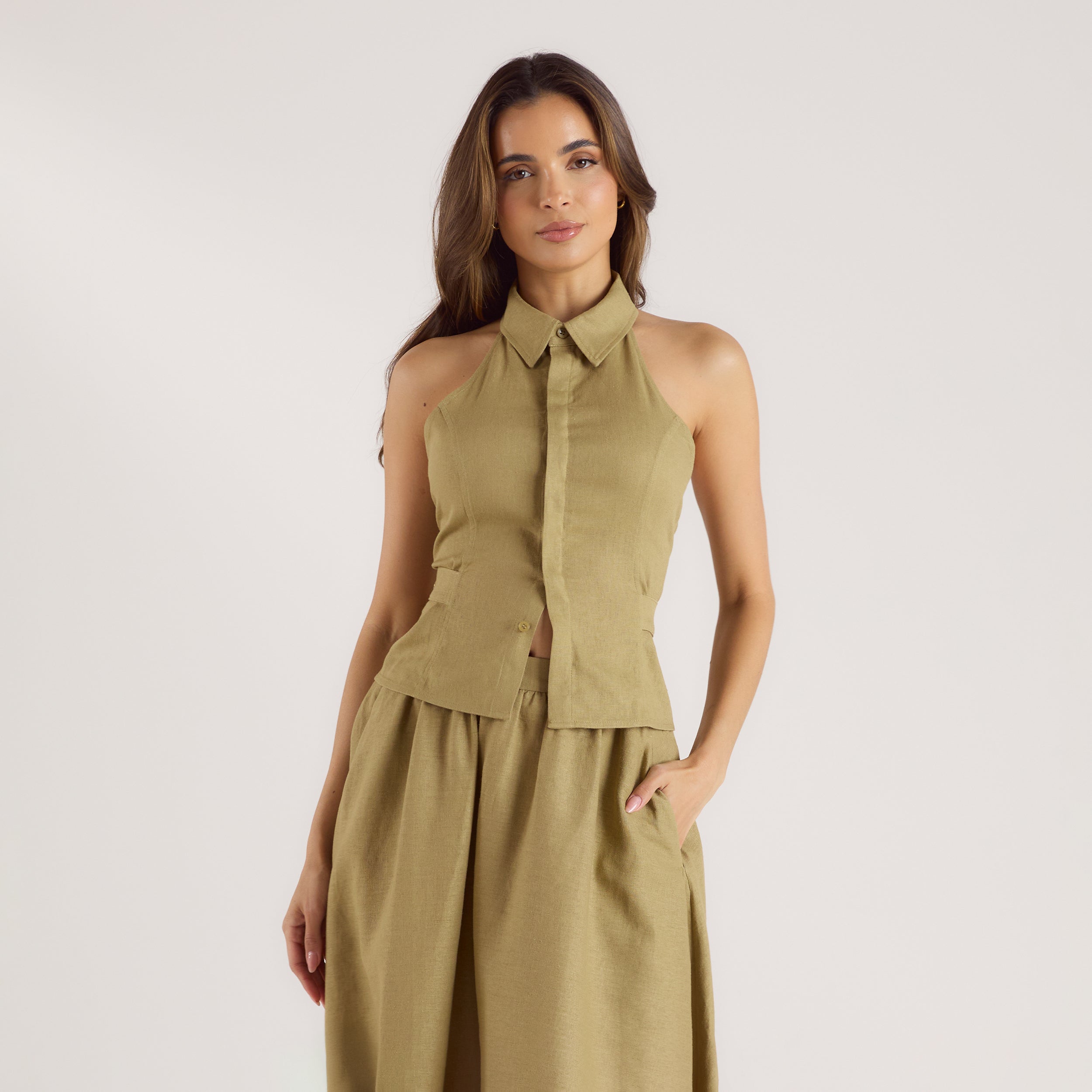 Linen Blend Halter Top - Pistachio、mySite、bengalsvssteelers