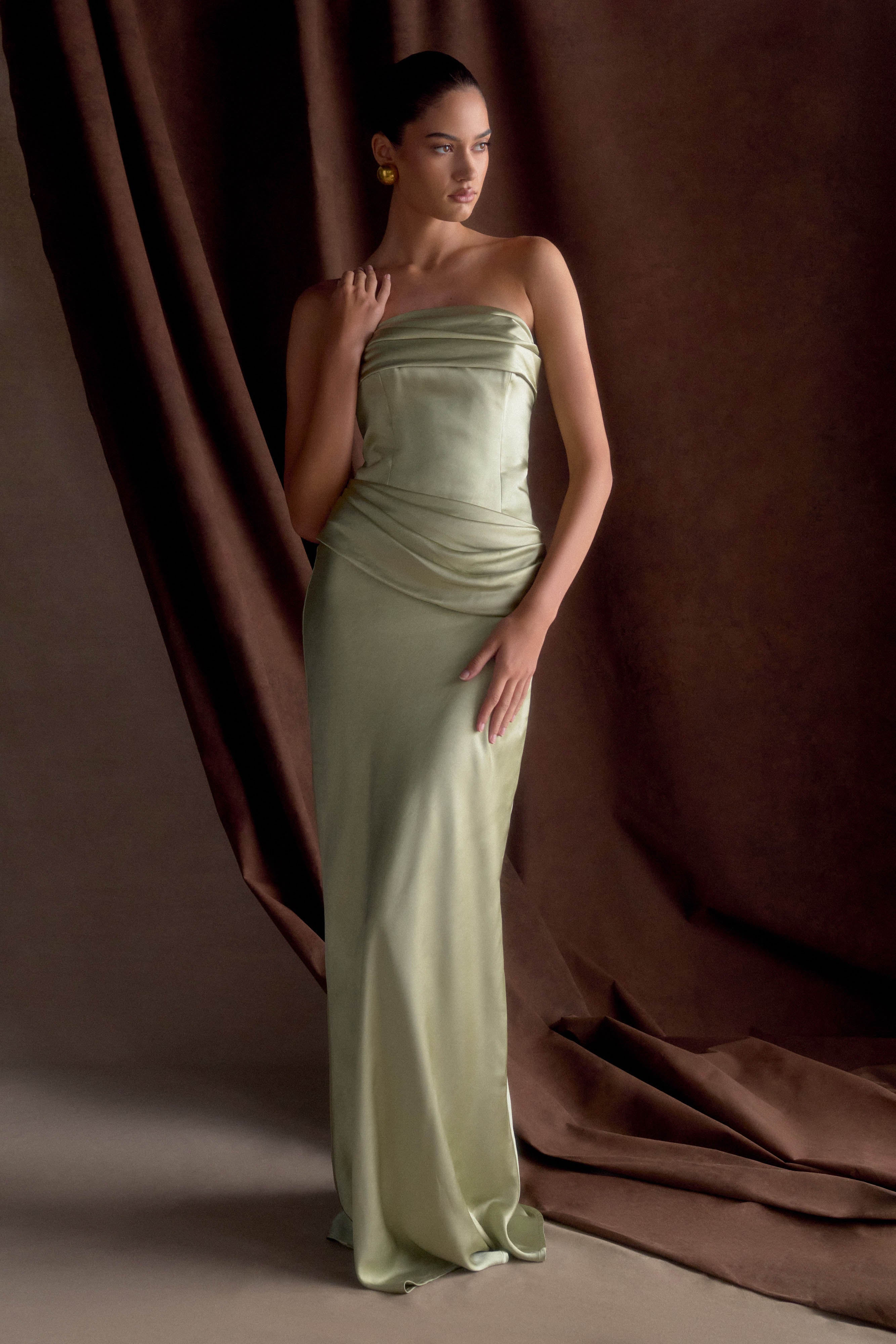 Jasmine Strapless Satin Maxi Dress - Sage、mySite、solidvoid
