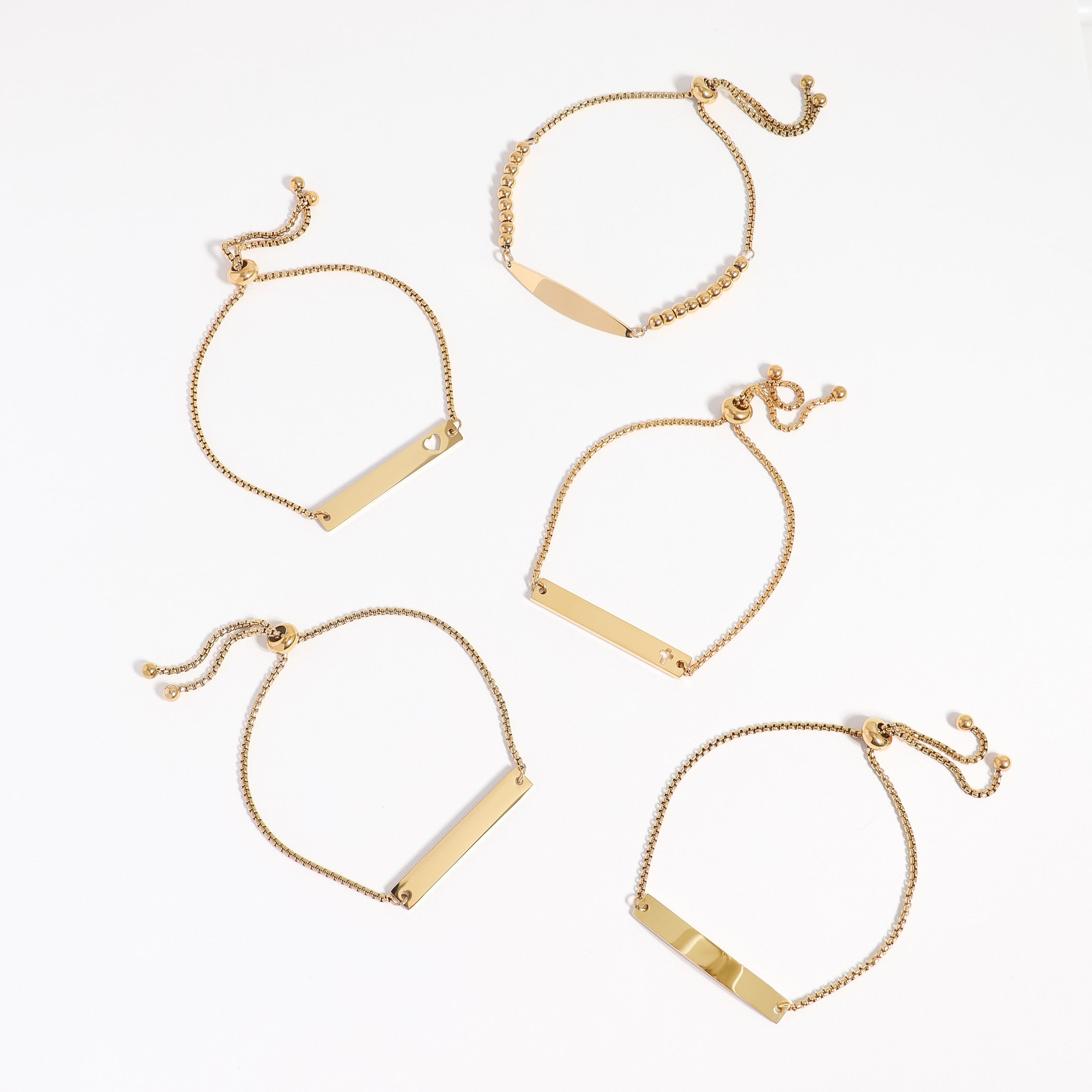 18K Gold PVD Stainless Steel Adjustable Beaded Curved Blank Bar Bracelet / SBB0272、mySite、dreamappss