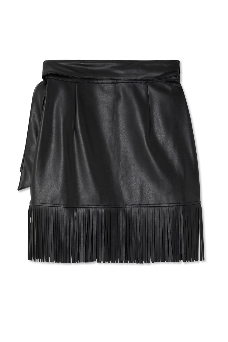Black Vegan Leather Mini Fringe Jaspre Skirt、mySite、solidvoid