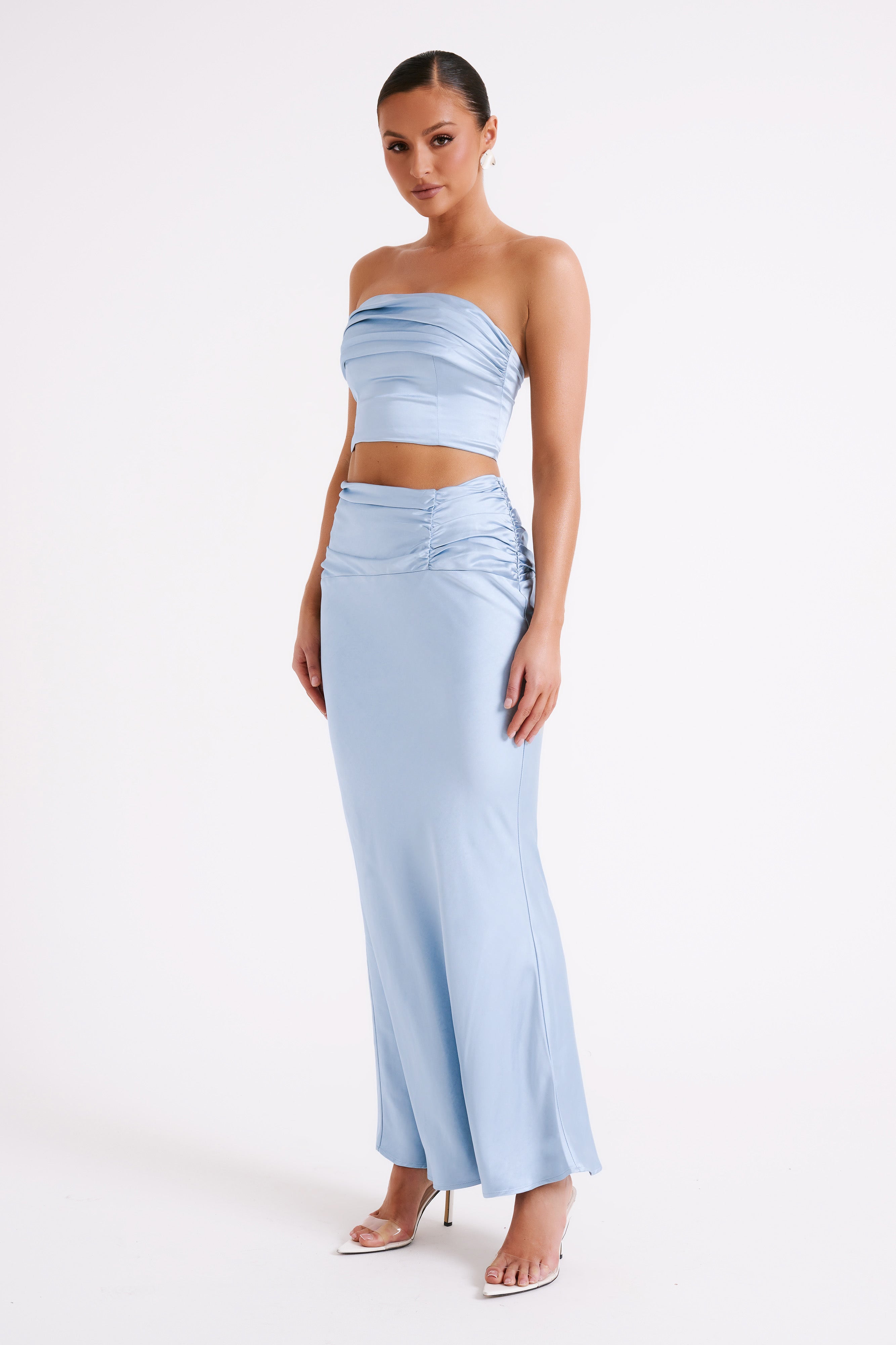 Khalani Ruched Satin Maxi Skirt - Ice Blue、mySite、solidvoid