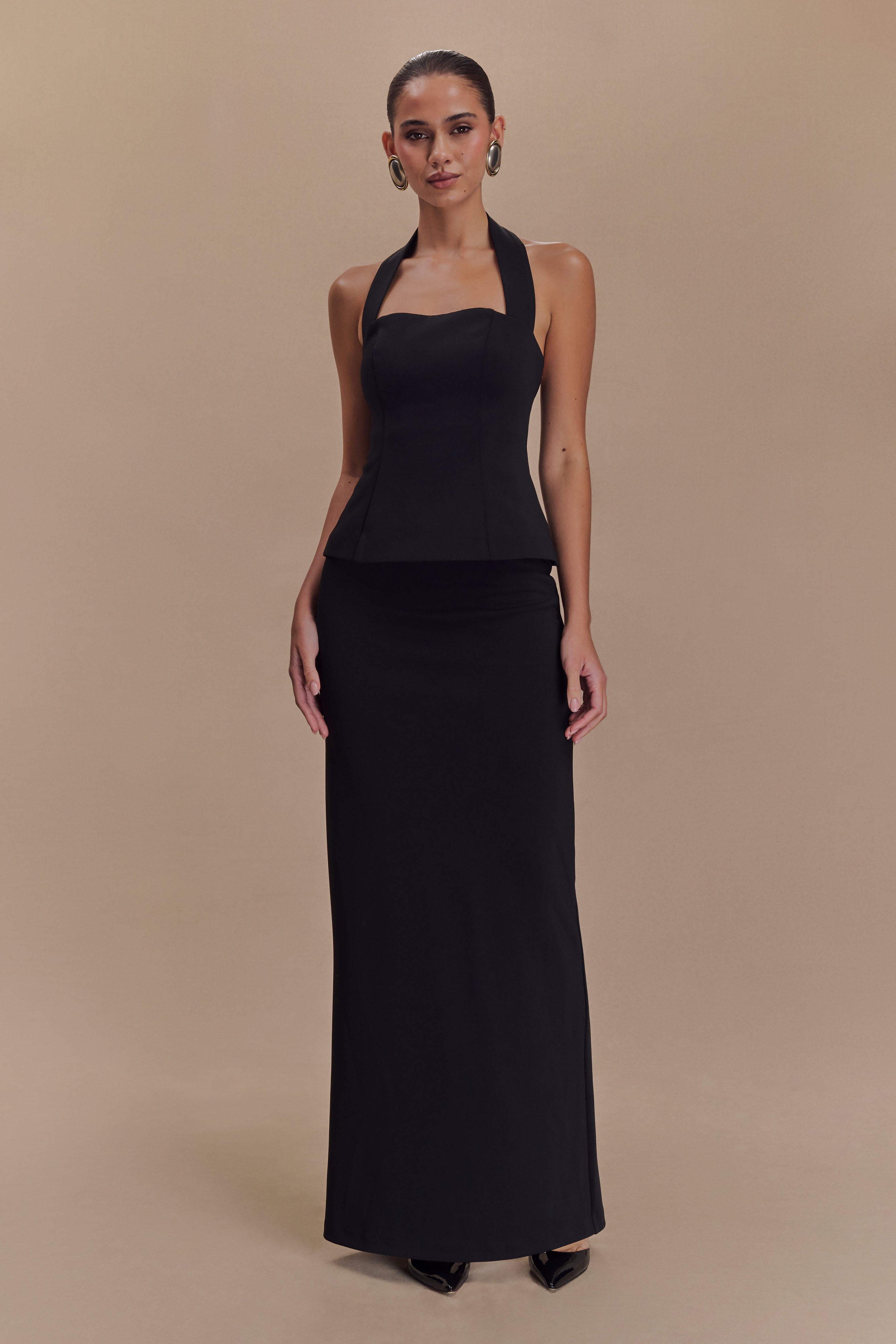 Bertie Peplum Halter Maxi Dress - Black、mySite、solidvoid