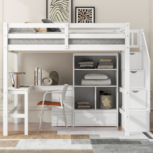 Twin Size Loft Bed with L-Shaped Desk and Drawers, Cabinet and Storage Staircase, White、、casual