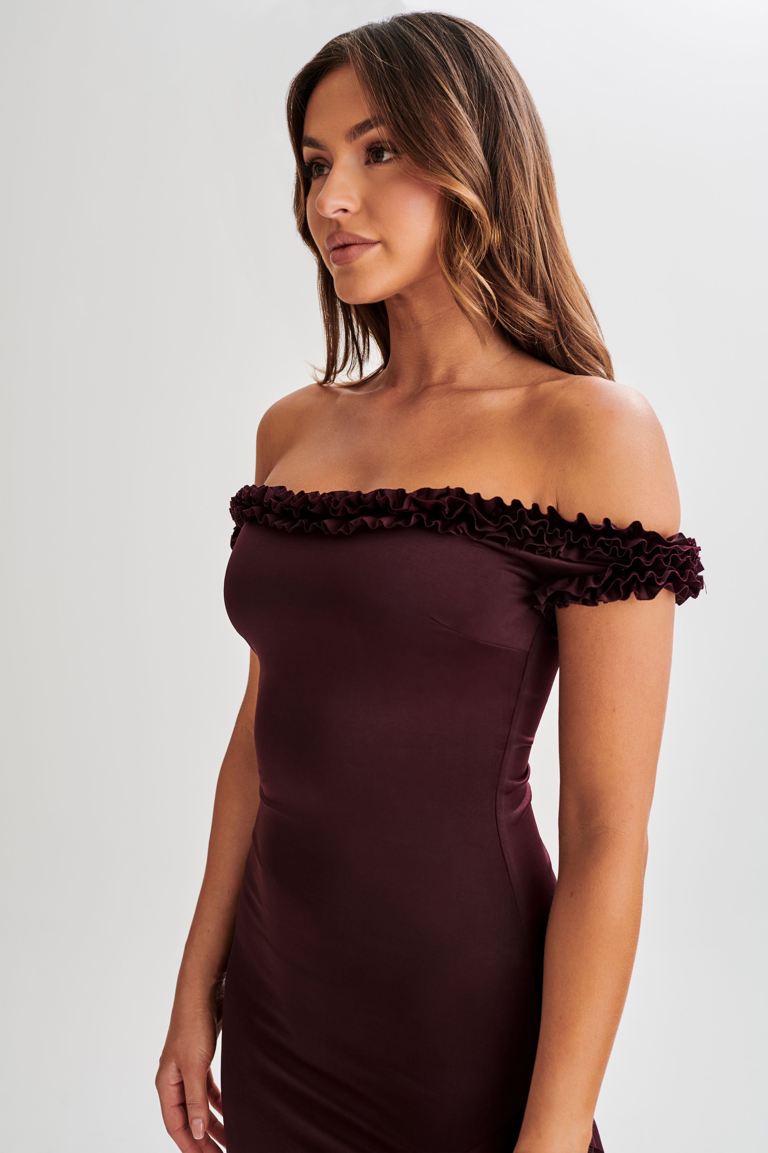 Arielle Off Shoulder Ruffle Midi Dress - Plum、mySite、solidvoid