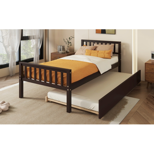 Twin Bed with Trundle, Platform Bed Frame with Headboard and Footboard, for Bedroom Small Living Space,No Box Spring Needed,White(New SKU:W504P148532)、、casual