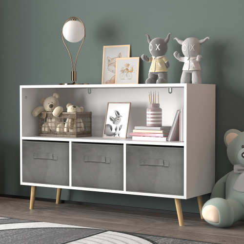 Kids bookcase with Collapsible Fabric Drawers, Children's Book Display, Toy Storage Cabinet Organizer, White/Gray、、casual