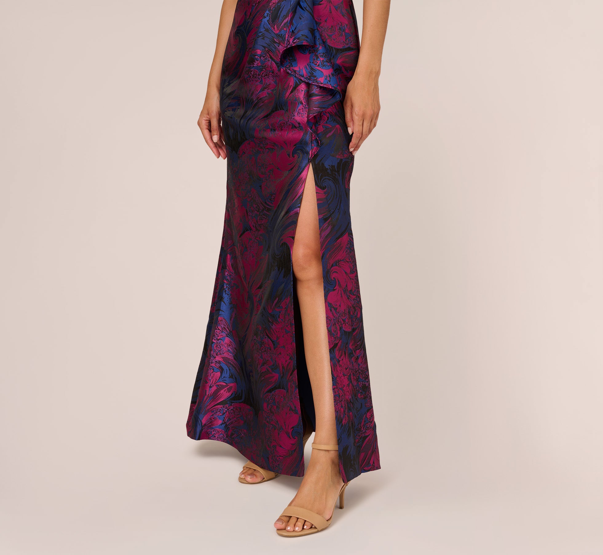 One Shoulder Jacquard Mermaid Gown With Drape Detail In Navy Orchid、mySite、solidvoid