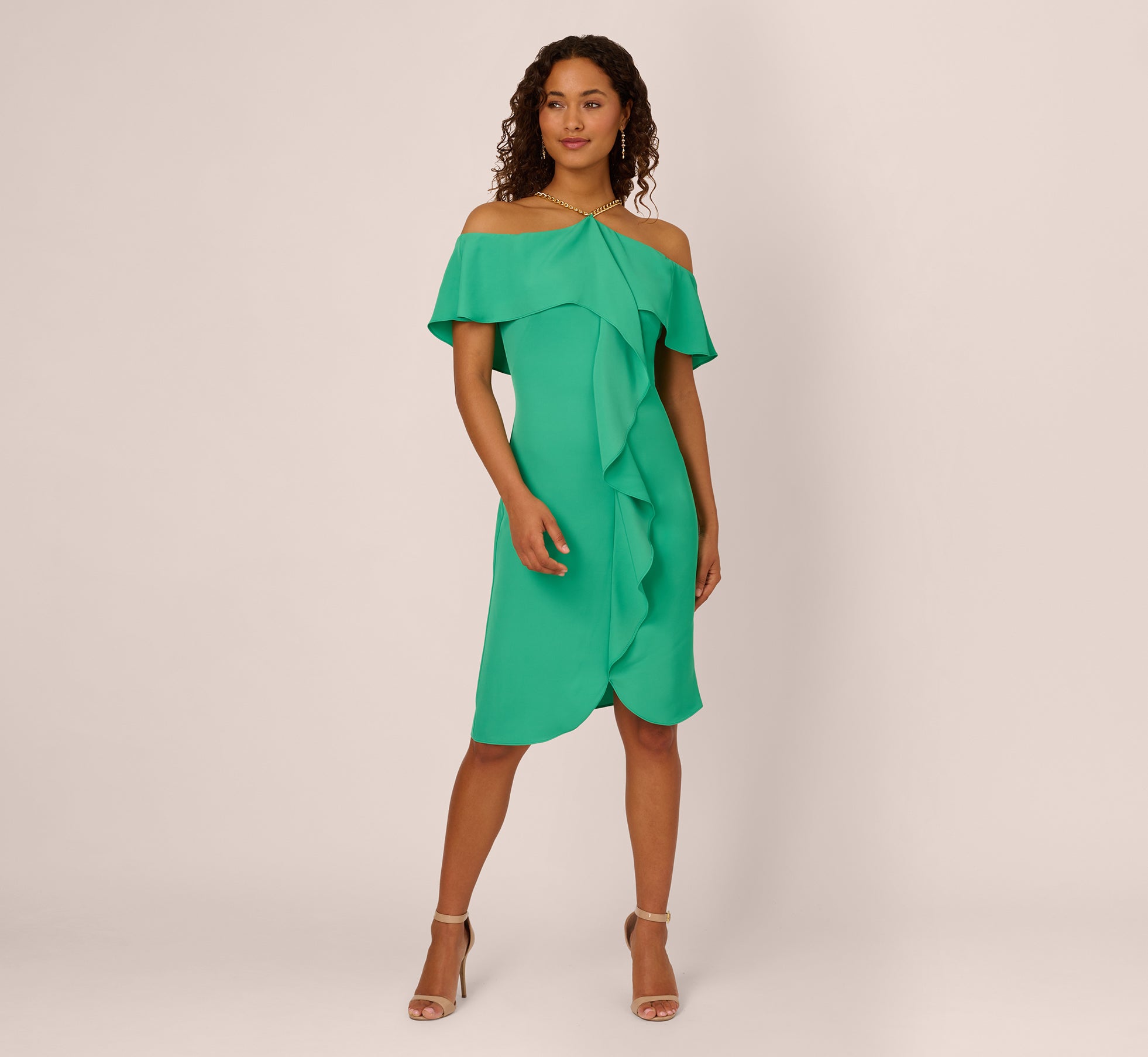Ruffle Popover Midi Dress With Chain Halter Neckline In Flora Green、mySite、solidvoid