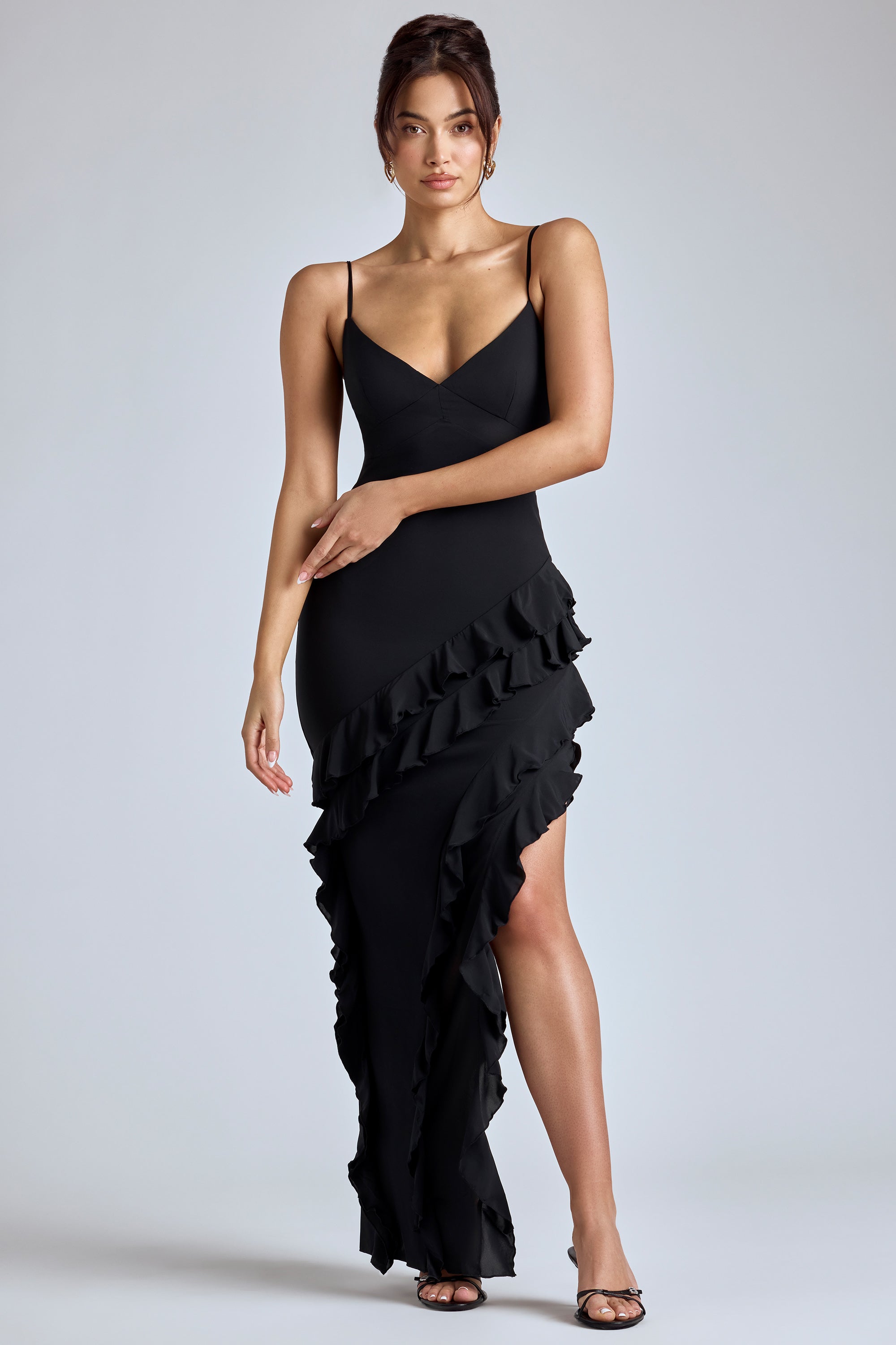 Panelled Ruffle Evening Gown in Black、mySite、solidvoid