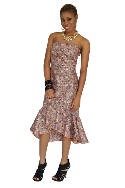 Grey and Orange Strapless African Print Dress-DP2941、mySite、solidvoid