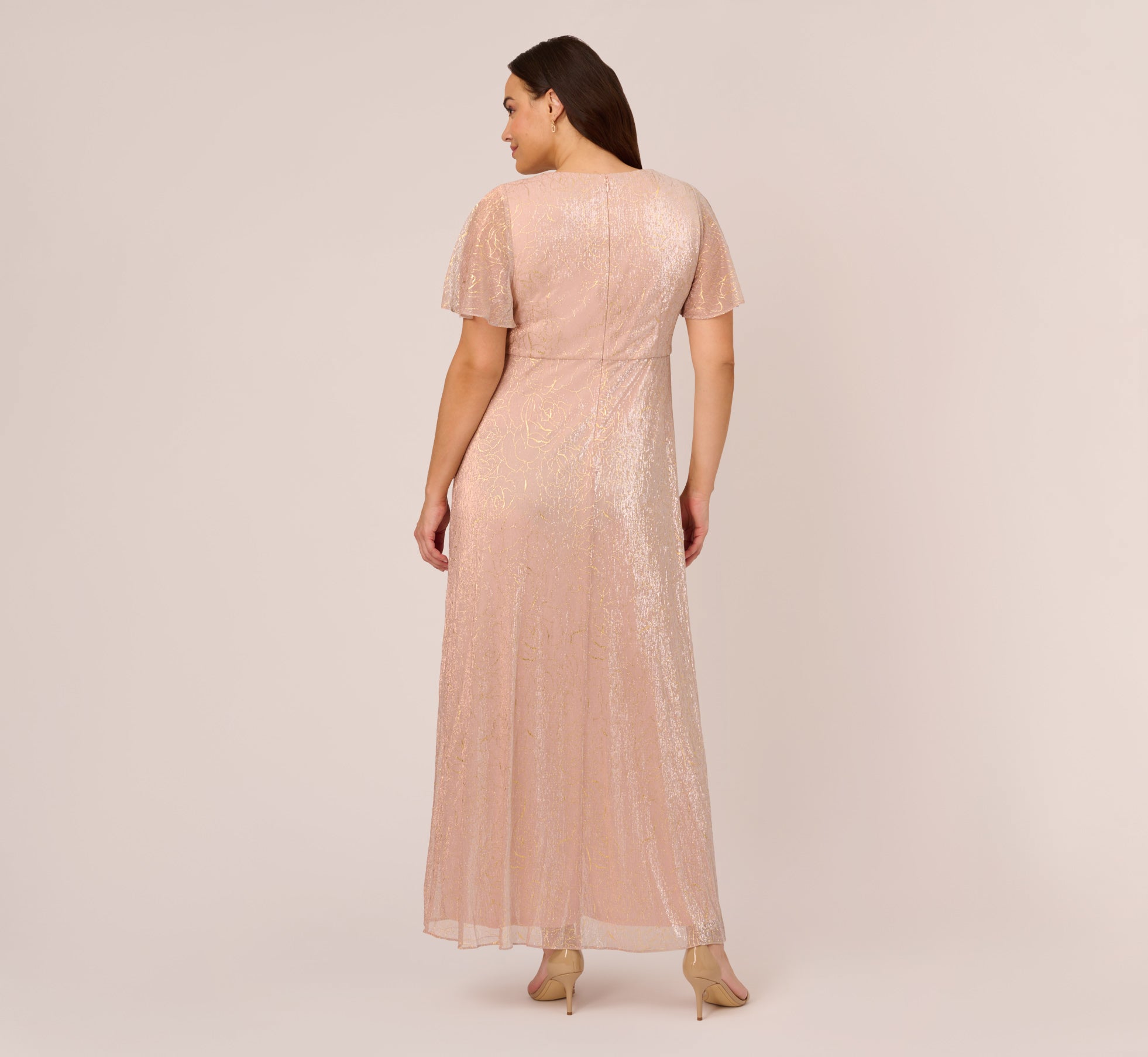 Plus Size Metallic Mesh Draped Gown In Rose Gold、mySite、solidvoid