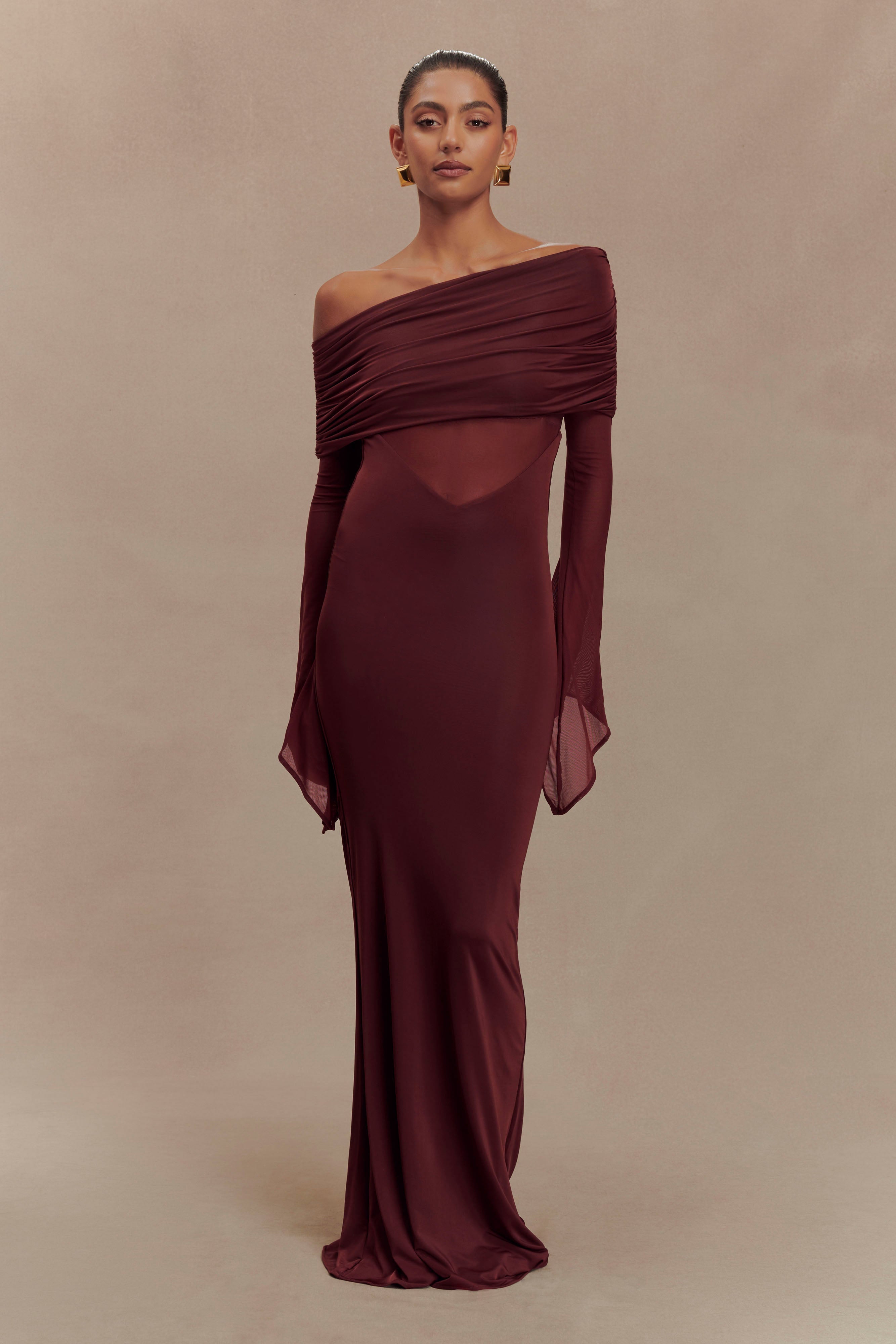 Kaitlin One Shoulder Slinky And Mesh Maxi Dress - Burgundy、mySite、solidvoid