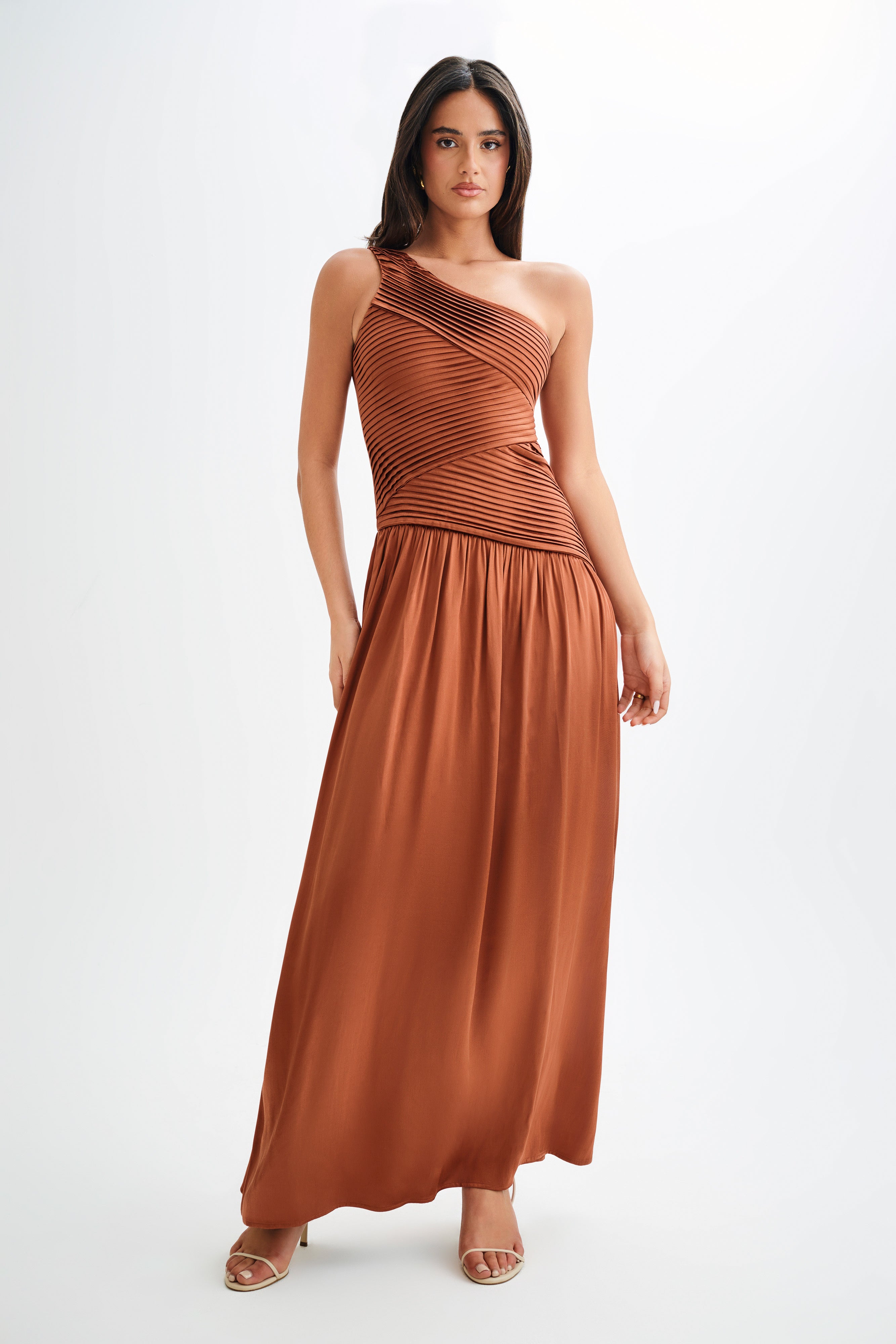Jenna One Shoulder Pleated Maxi Dress - Wood、mySite、solidvoid