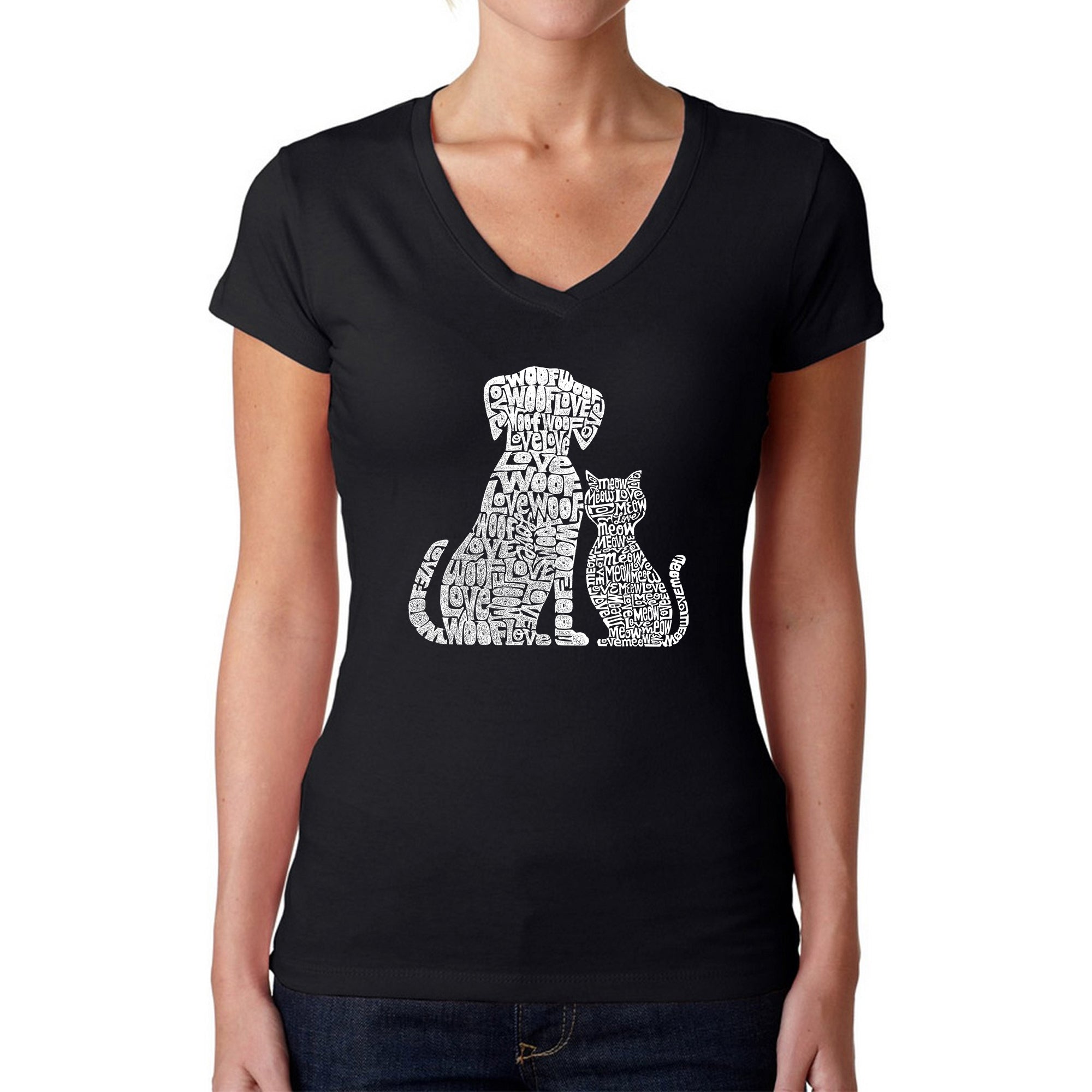 Dogs and Cats - Women's Word Art V-Neck T-Shirt、mySite、camillekostekn