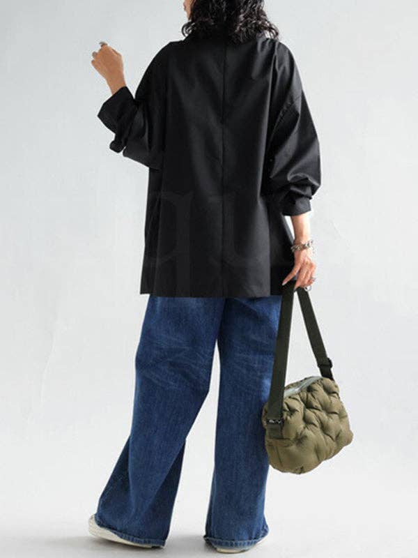 High Neck Loose Fit Solid Color Long Sleeve T-shirt Top、mySite、dreamappss