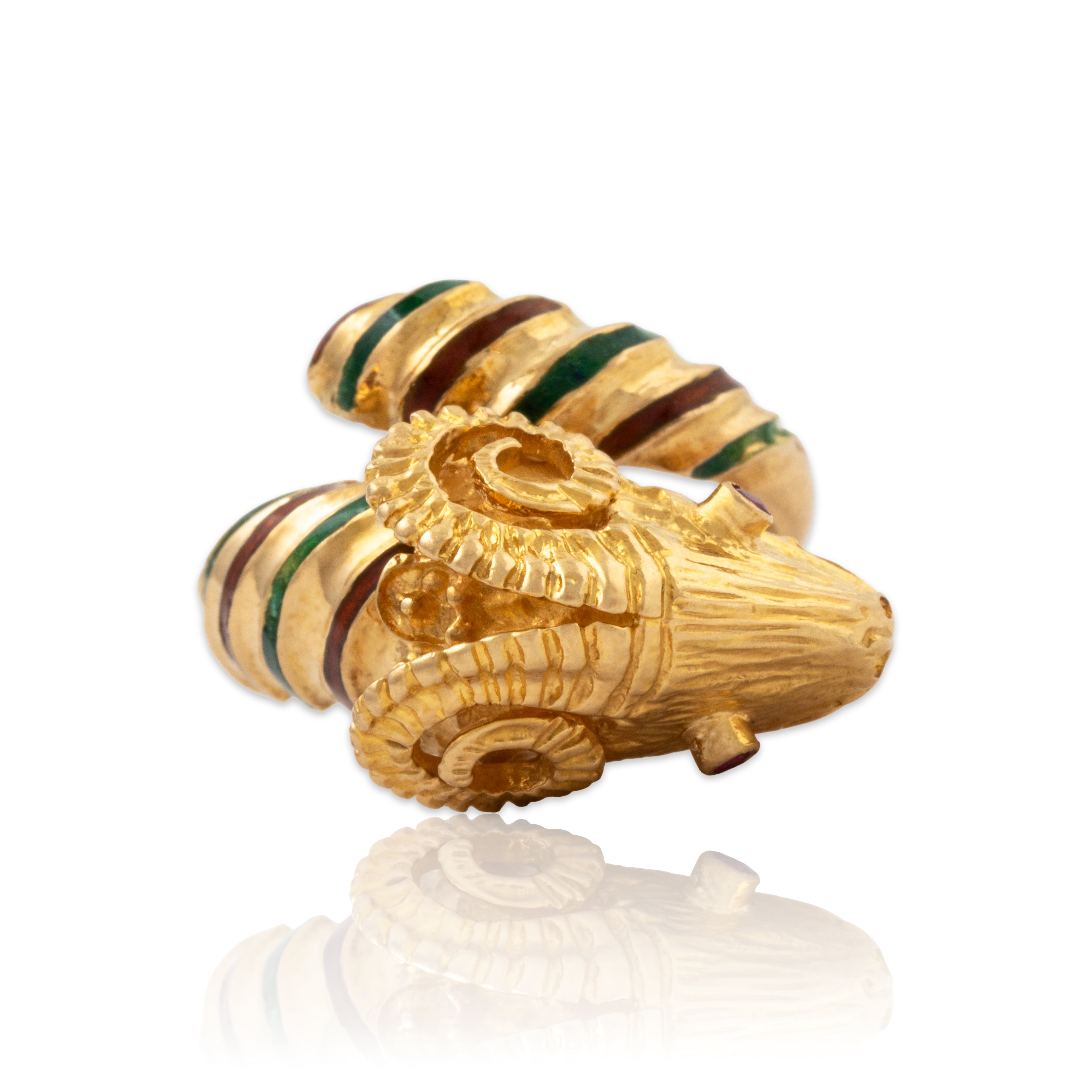 Vintage 18k Yellow Gold Pink Sapphire Green & Orange Enamel Ram Ring、mySite、hinf8tx79