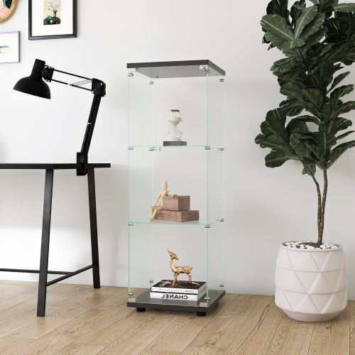 Glass Display Cabinet with 3 Shelves, One-Door Curio Cabinets for Living Room, Bedroom, Office, Black Floor Standing Glass Bookshelf, Quick Installation、、casual