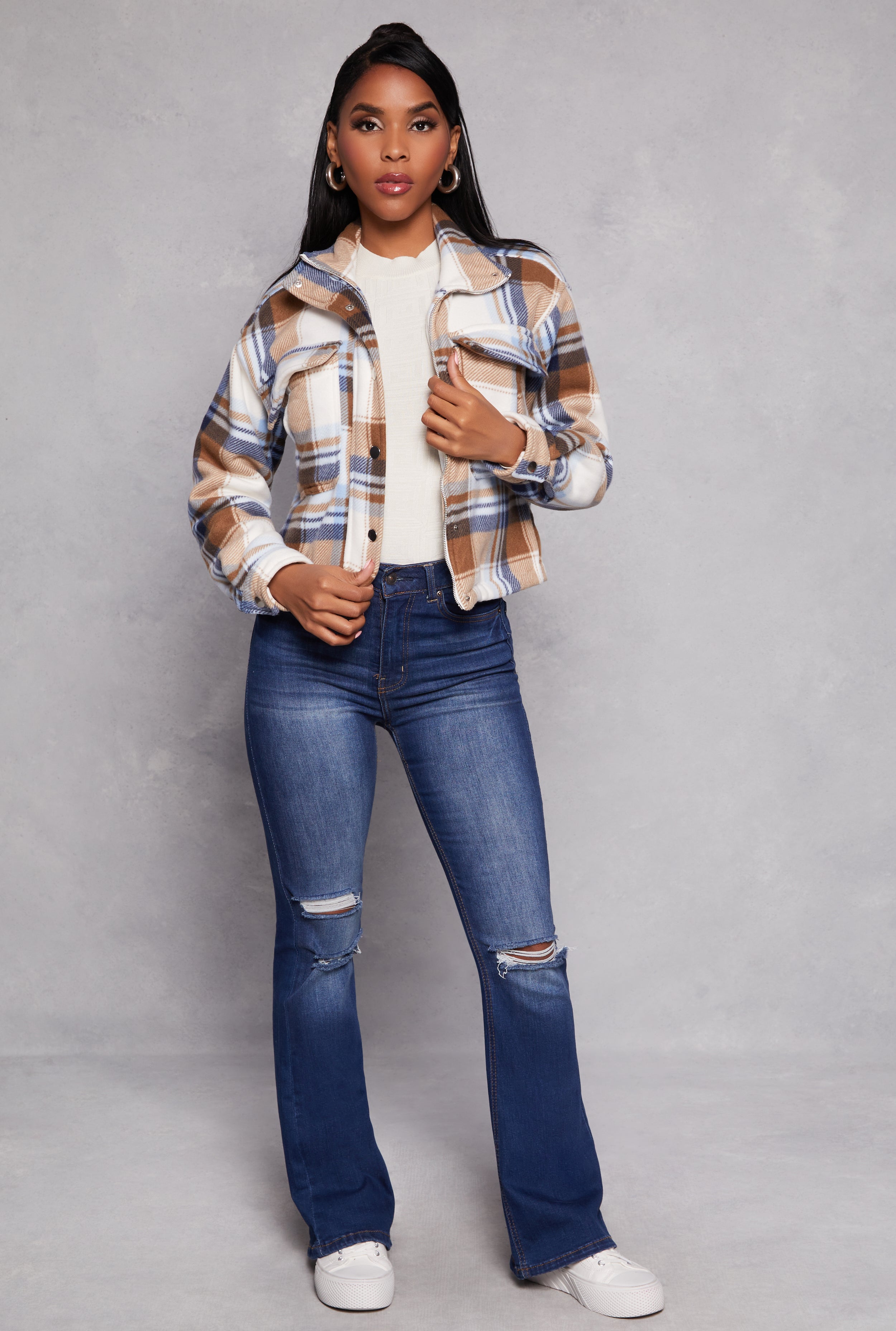 Plaid Snap Button Zip Front Shacket、mySite、camillekostekn