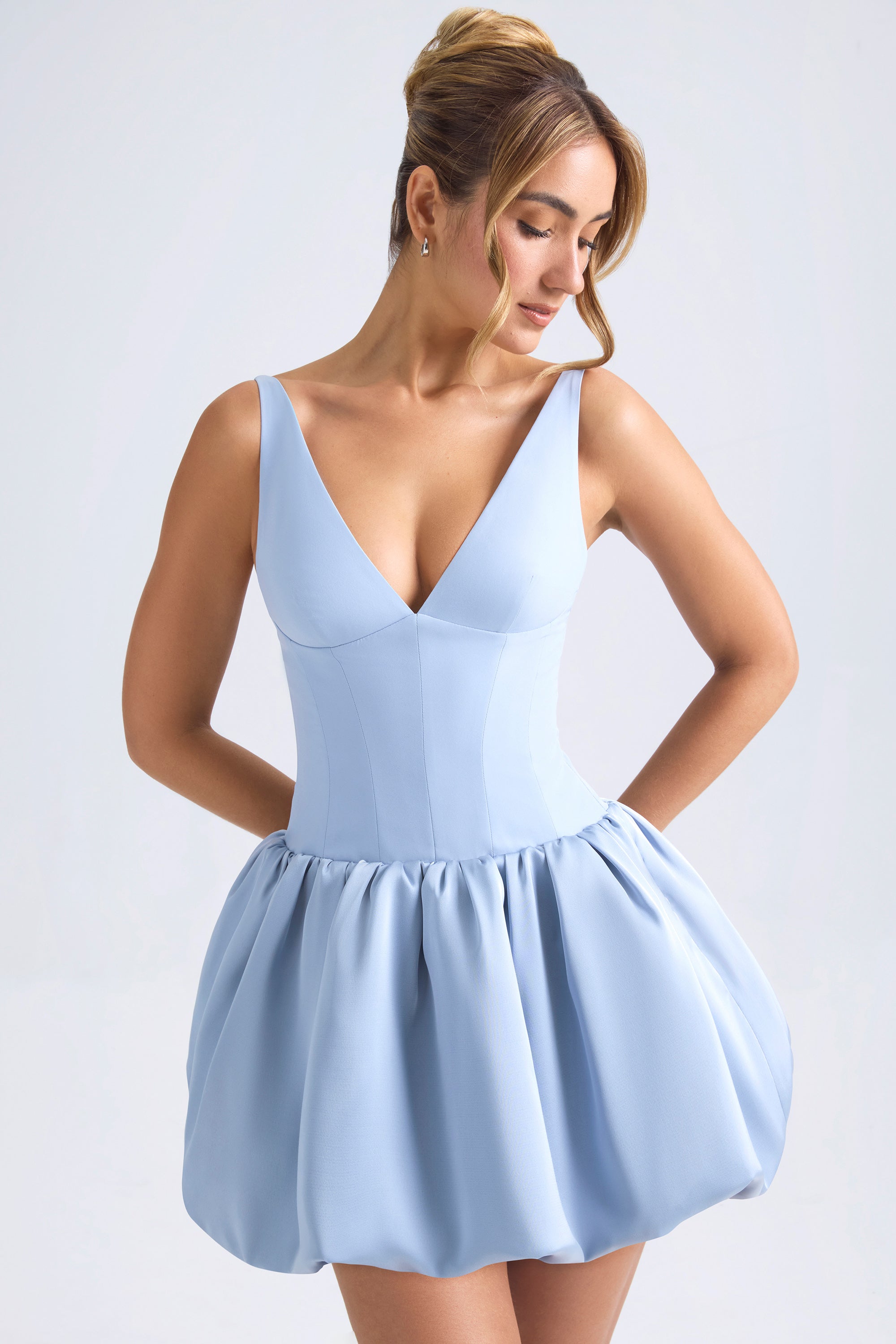 Lace-Up Bubble Hem Corset Micro Mini Dress in Light Blue、mySite、solidvoid