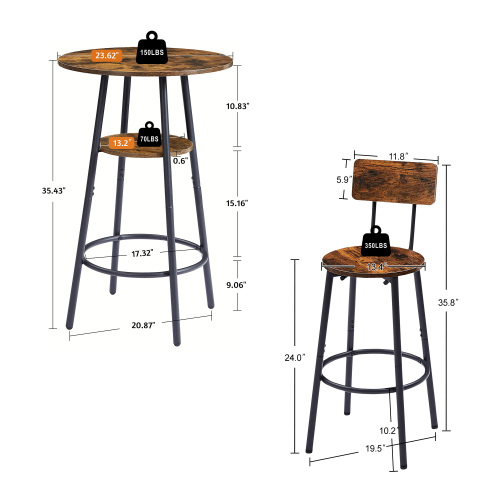 Round bar stool set with shelves, stool with backrest Rustic Brown, 23.6'' Dia x 35.4'' H、、casual
