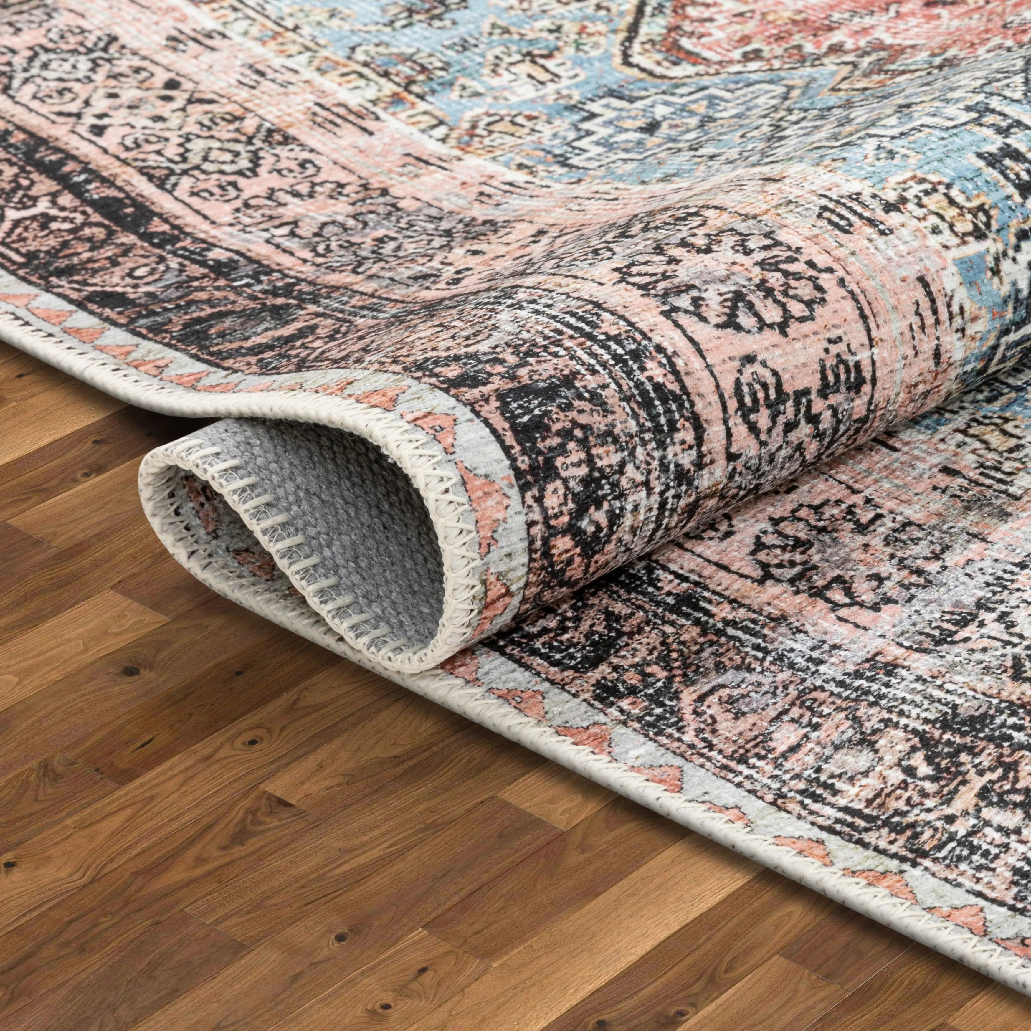 Menda Machine Washable Vintage Bohemian Meallion Oriental Light Blue Flat-Weave Distressed Rug、mySite、gigharbornorthrealestate