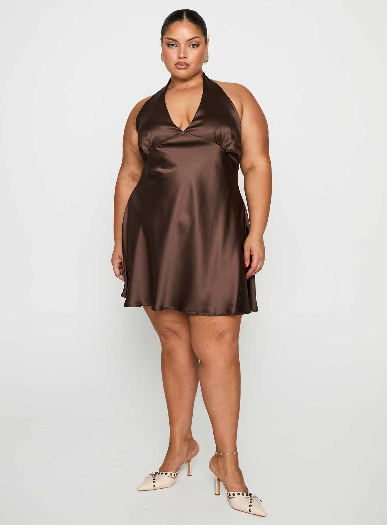 Pelagia Halter Scarf Tie Mini Dress Brown Curve、mySite、solidvoid