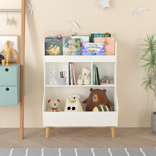 Kids Bookcase and Bookshelf, Multifunctional Bookcase with 3 Collapsible Fabric Drawers, Bookcase Display Stand, Toy Storage Organizer for Bedroom, Playroom, Hallway (White/Gray)、、casual