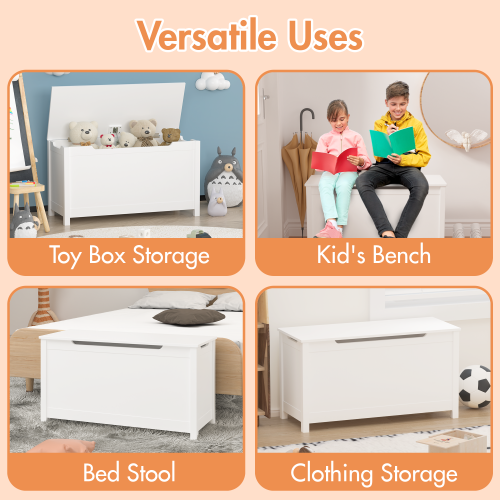 Kids Wooden Toy Box Storage with Safety Hinged Lid for Ages 2+ (White)、、casual