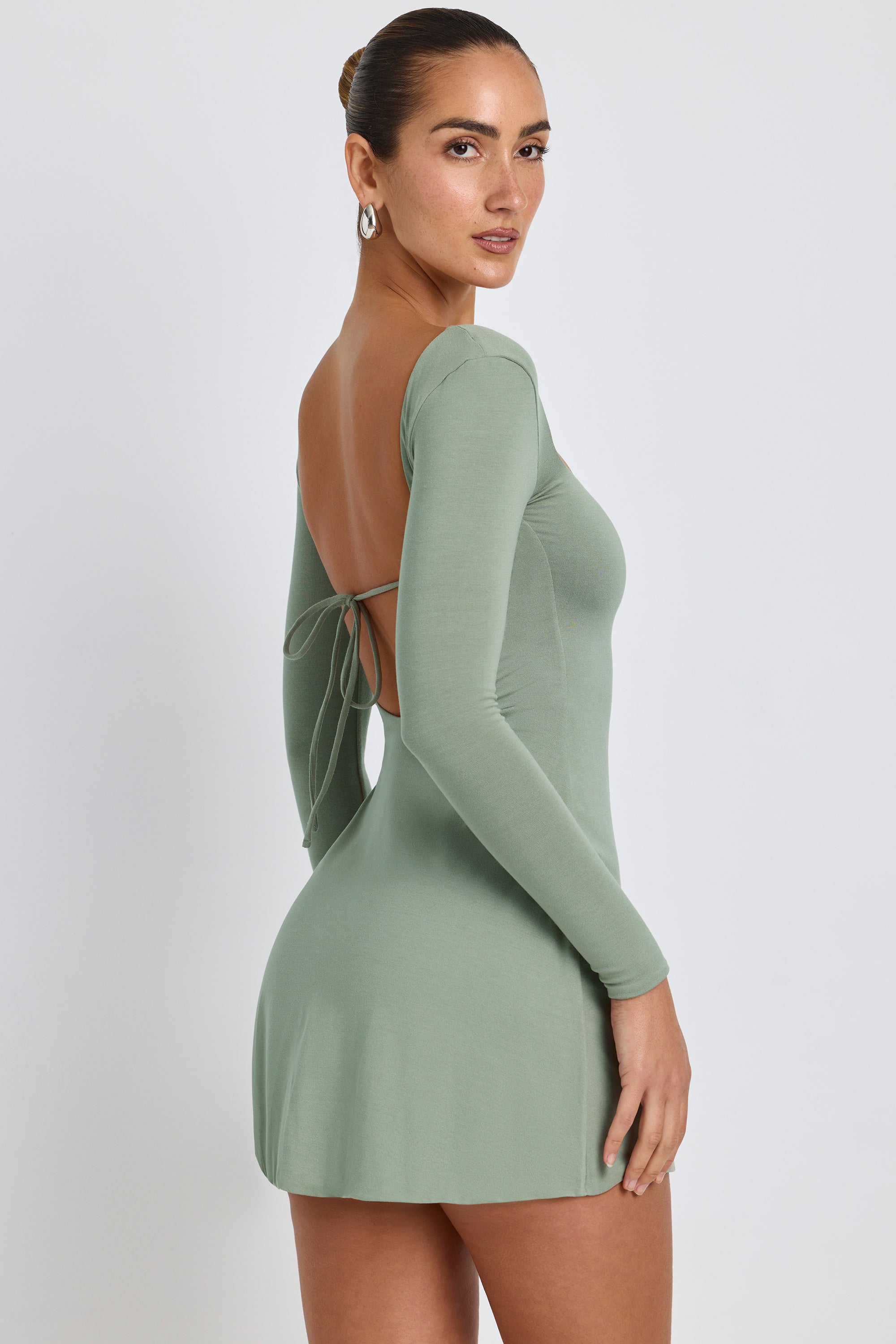 Modal Square Neck Long Sleeve Mini Dress in Sage Green、mySite、solidvoid