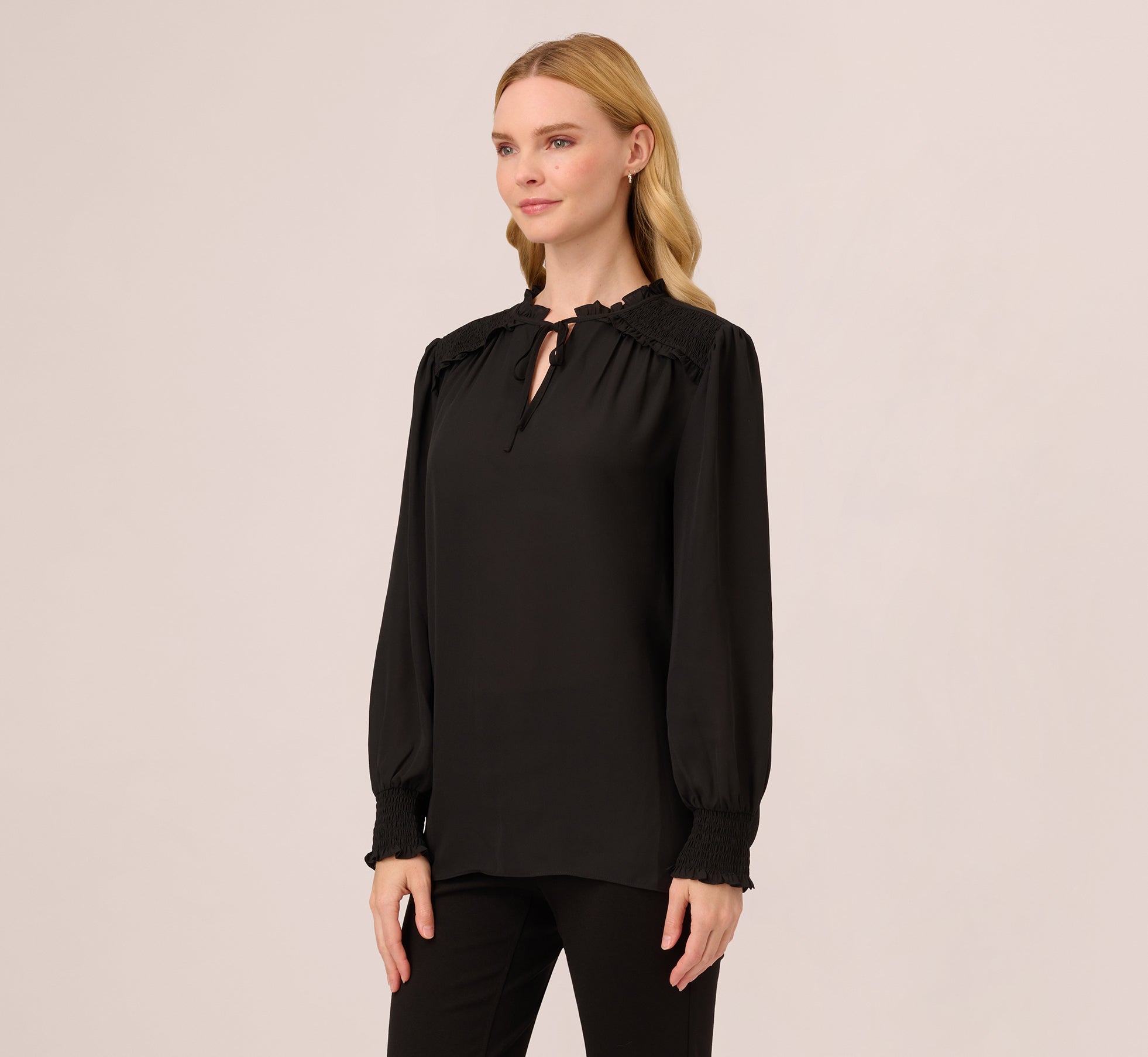 Ruffle Tie Neck Top With Smocked Long Sleeves In Black、mySite、solidvoid
