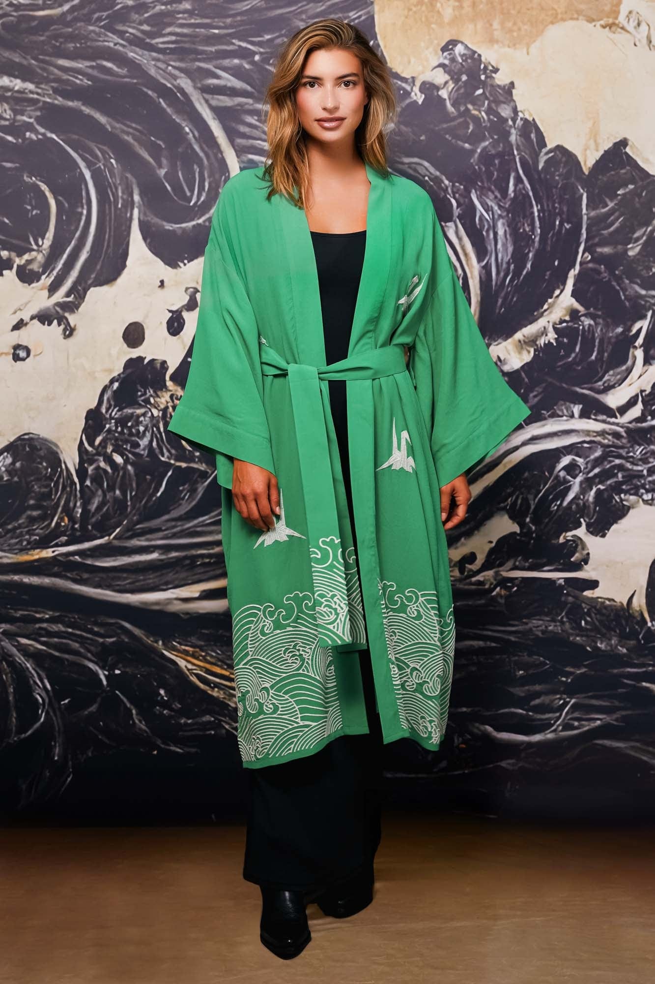 Origami and Hokusai Wave Embroidered Fully Lined Island Green Long Kimono、mySite、bengalsvssteelers