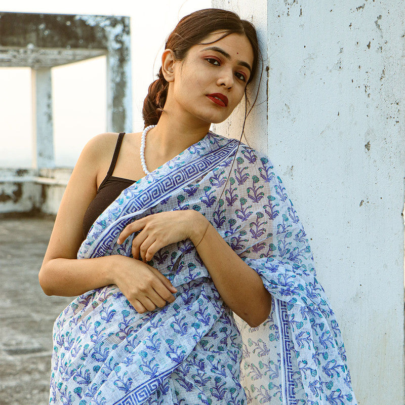 Kota Doria Saree | Handblocked Printed Saree | Blue & White、mySite、camillekostekn
