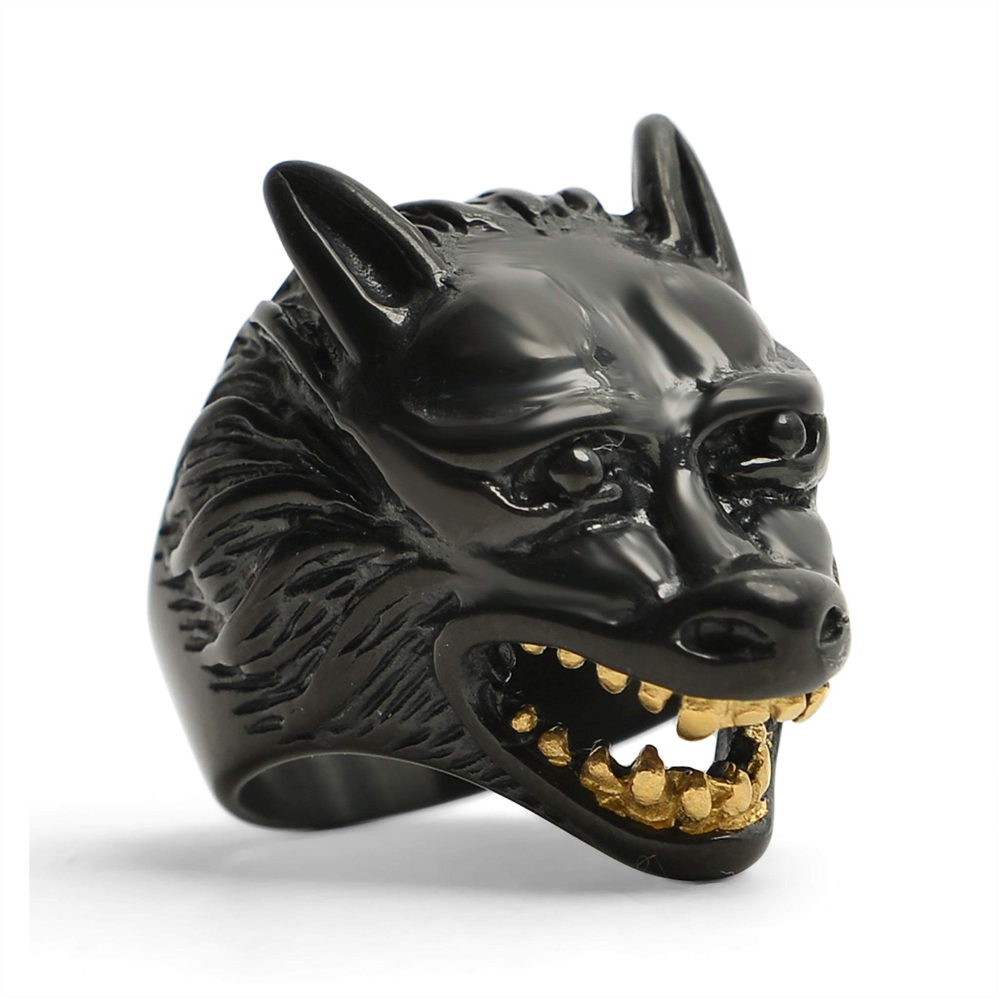 Stainless Steel Black Wolf With 18K Gold PVD Coated Teeth Ring / SCR3076、mySite、dreamappss