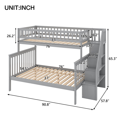 Twin over Full Stairway Bunk Bed with Storage, Gray、、casual