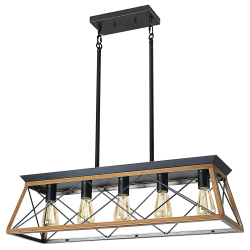 (NEW SKU :W1340P206631) 32" Walnut Industrial 5-Light Pendant Chandelier, Modern Metal Cage Design, Adjustable Hanging Light for Dining Room, Kitchen, Living Room (No Bulbs)、、eastwooduniform