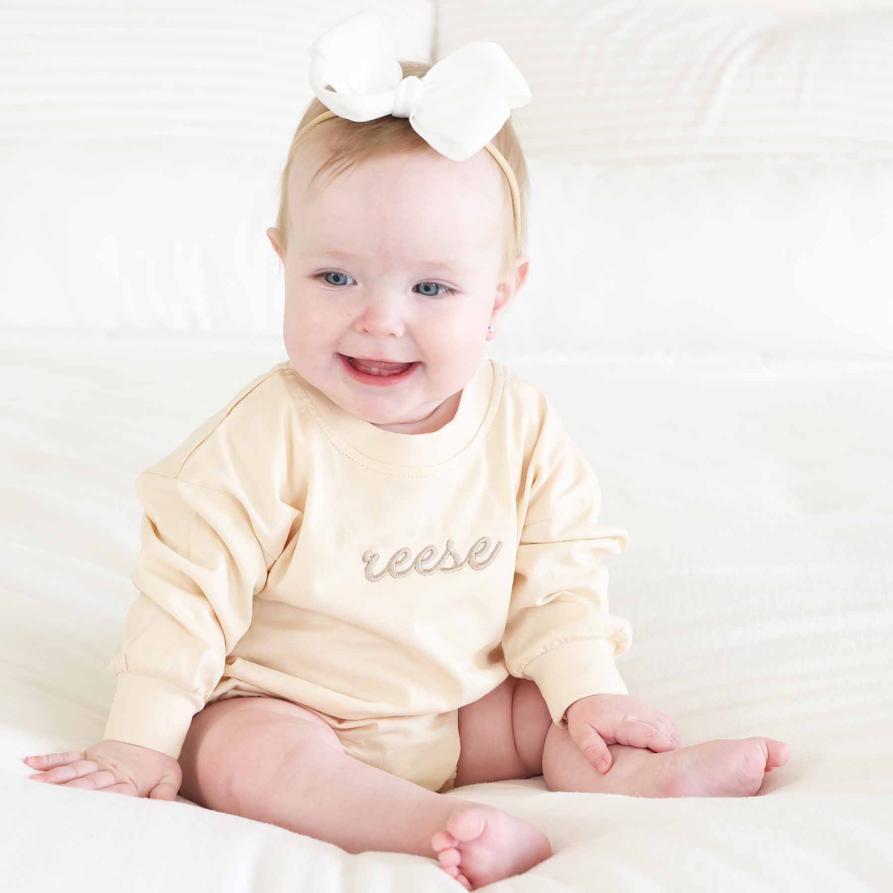 Personalized Script Name Long Sleeve Bubble Romper | Natural、mySite、layawaytickets